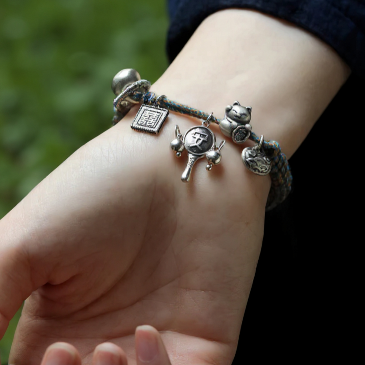 999 silver s925 Sterling Silver Lucky Cat Lock Charm Hand Woven Unisex Rope Bracelet