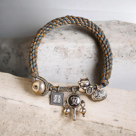 999 silver s925 Sterling Silver Lucky Cat Lock Charm Hand Woven Unisex Rope Bracelet