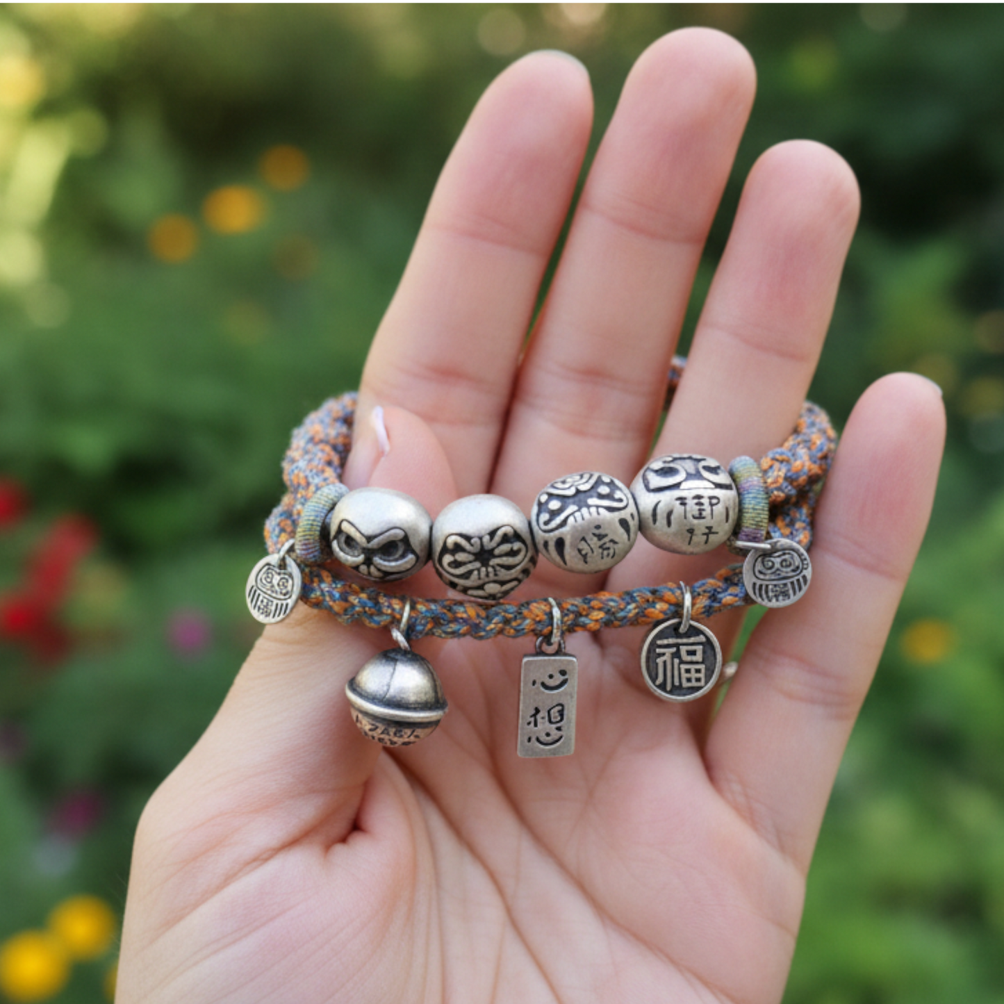 999 silver s925 Sterling Silver Bodhi Charm Hand Woven Unisex Rope Bracelet