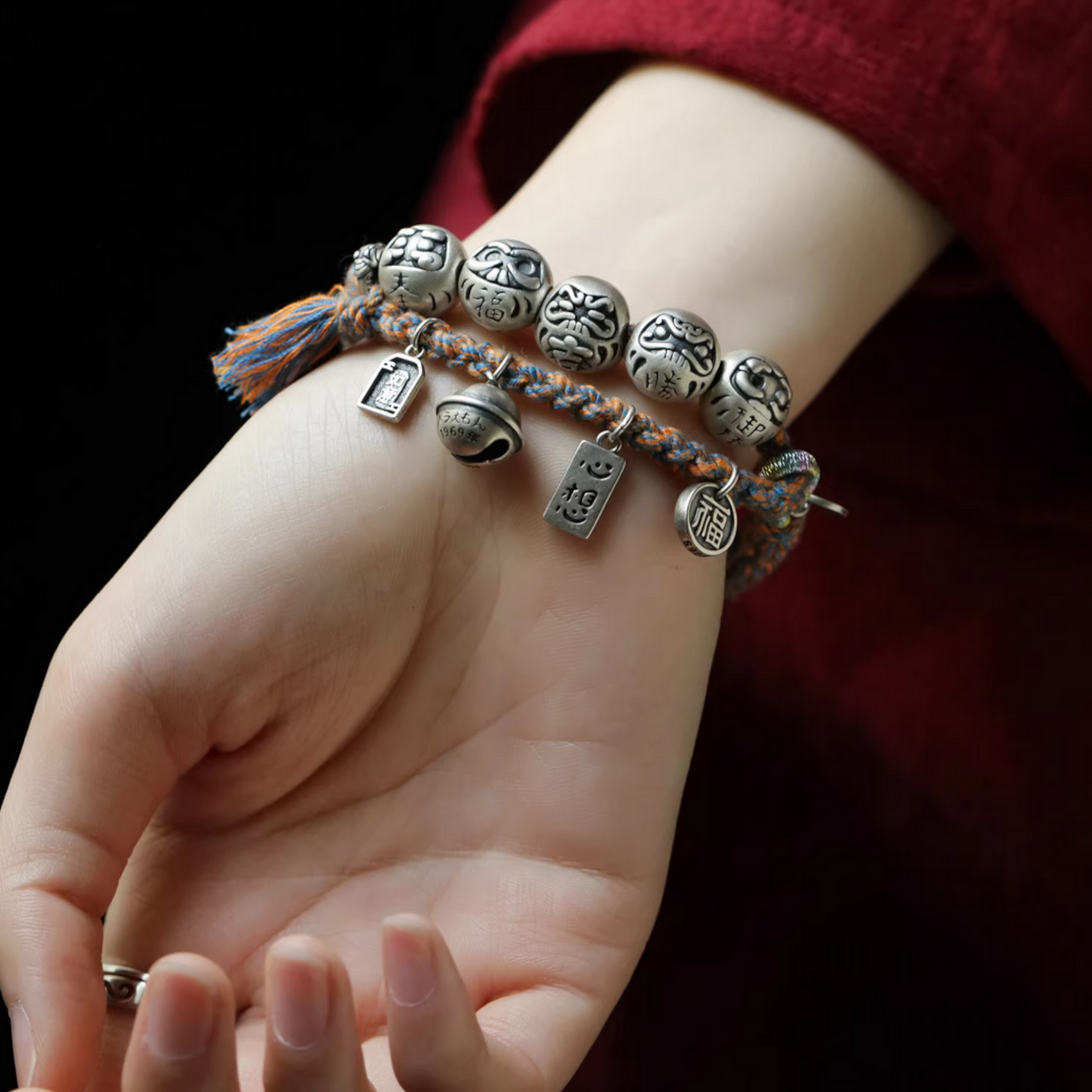 999 silver s925 Sterling Silver Bodhi Charm Hand Woven Unisex Rope Bracelet