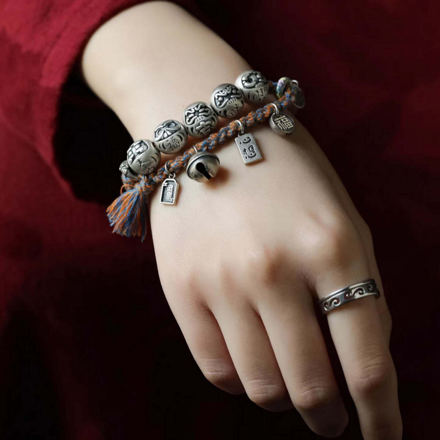 999 silver s925 Sterling Silver Bodhi Charm Hand Woven Unisex Rope Bracelet