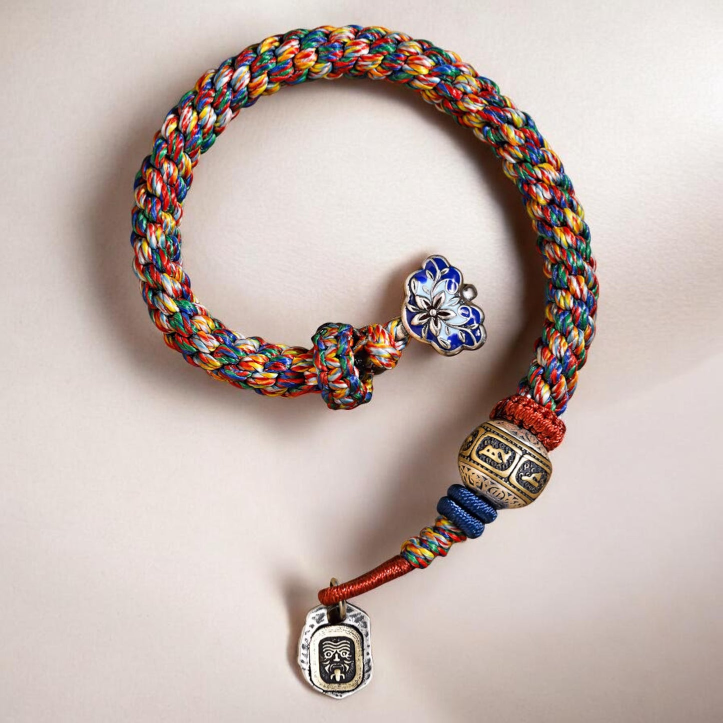 s925 Sterling Silver Om Mani Padme Hum Charm Hand Woven Unisex Rope Bracelet