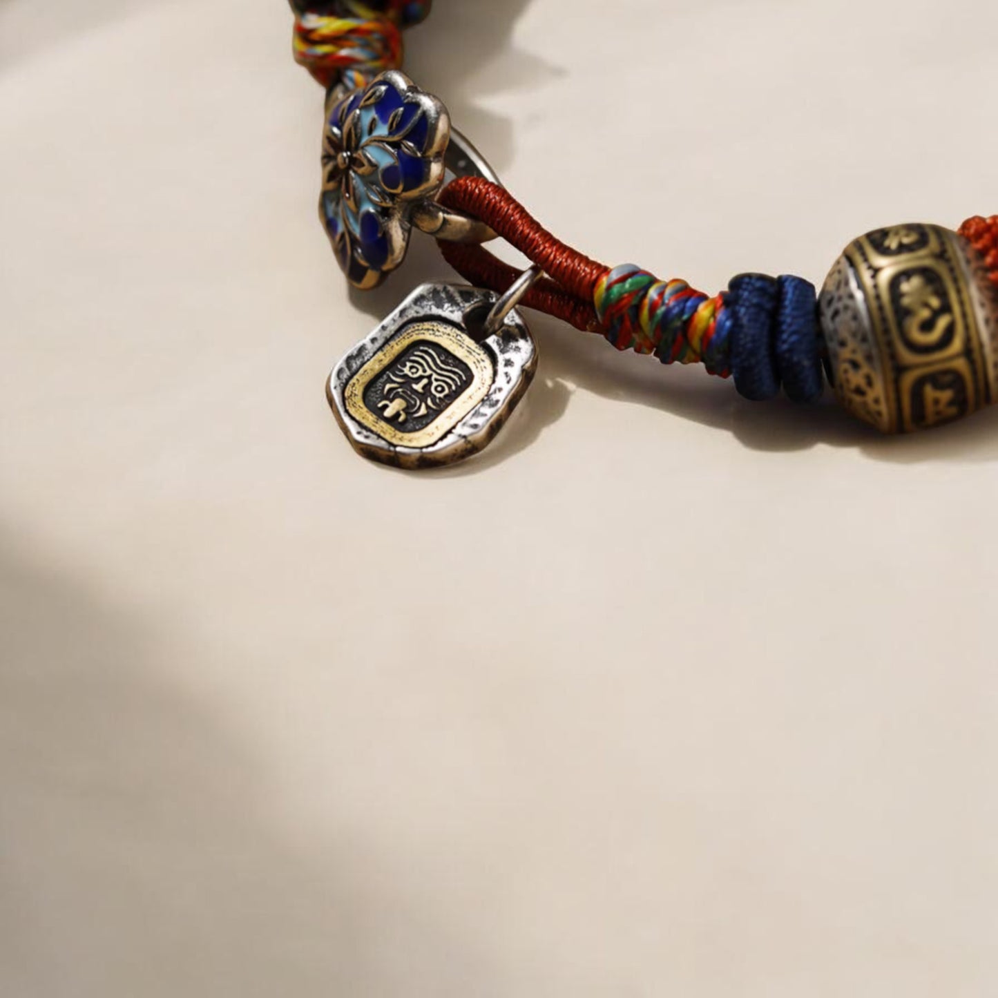 s925 Sterling Silver Om Mani Padme Hum Charm Hand Woven Unisex Rope Bracelet