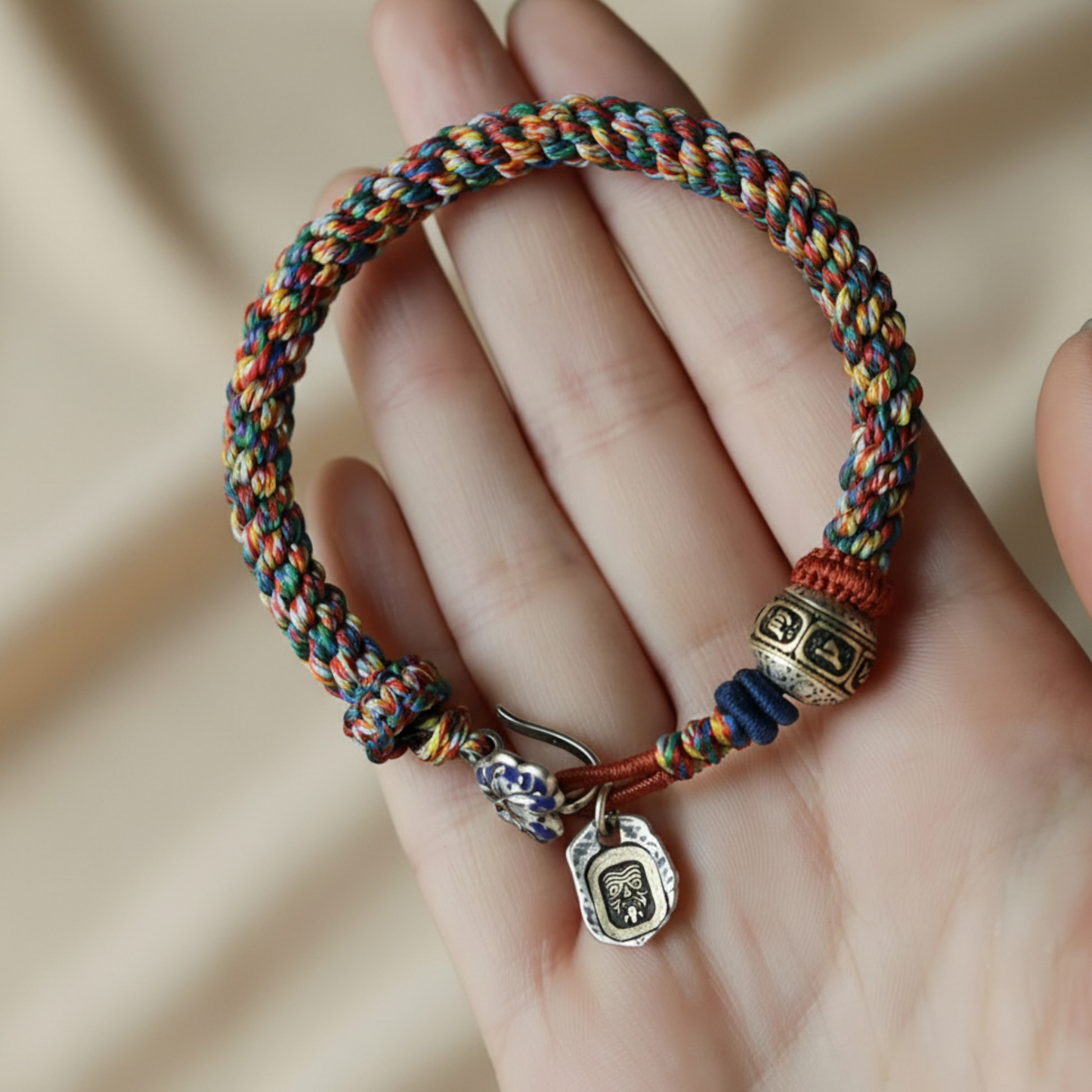 s925 Sterling Silver Om Mani Padme Hum Charm Hand Woven Unisex Rope Bracelet