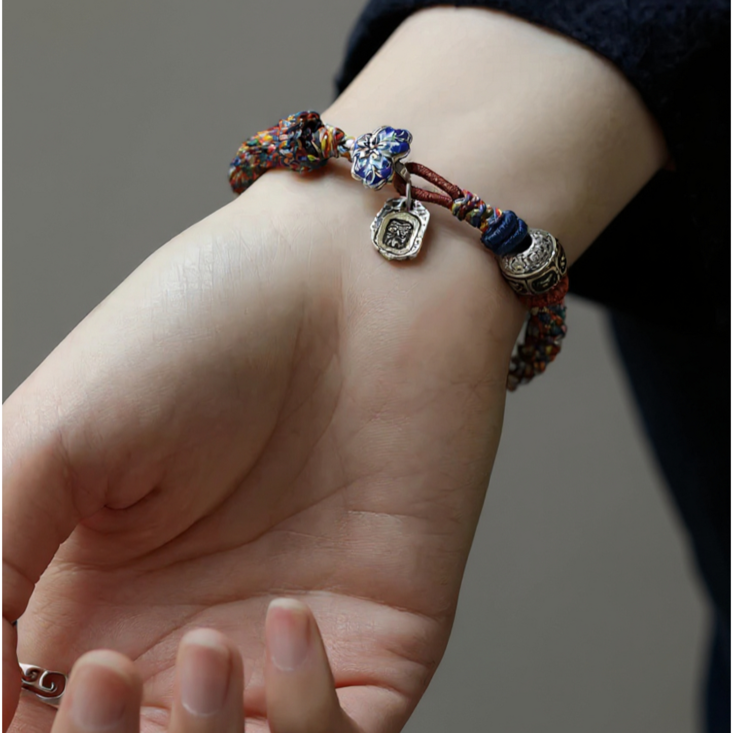 s925 Sterling Silver Om Mani Padme Hum Charm Hand Woven Unisex Rope Bracelet