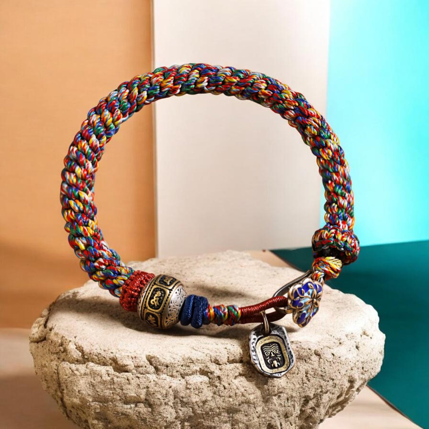 s925 Sterling Silver Om Mani Padme Hum Charm Hand Woven Unisex Rope Bracelet