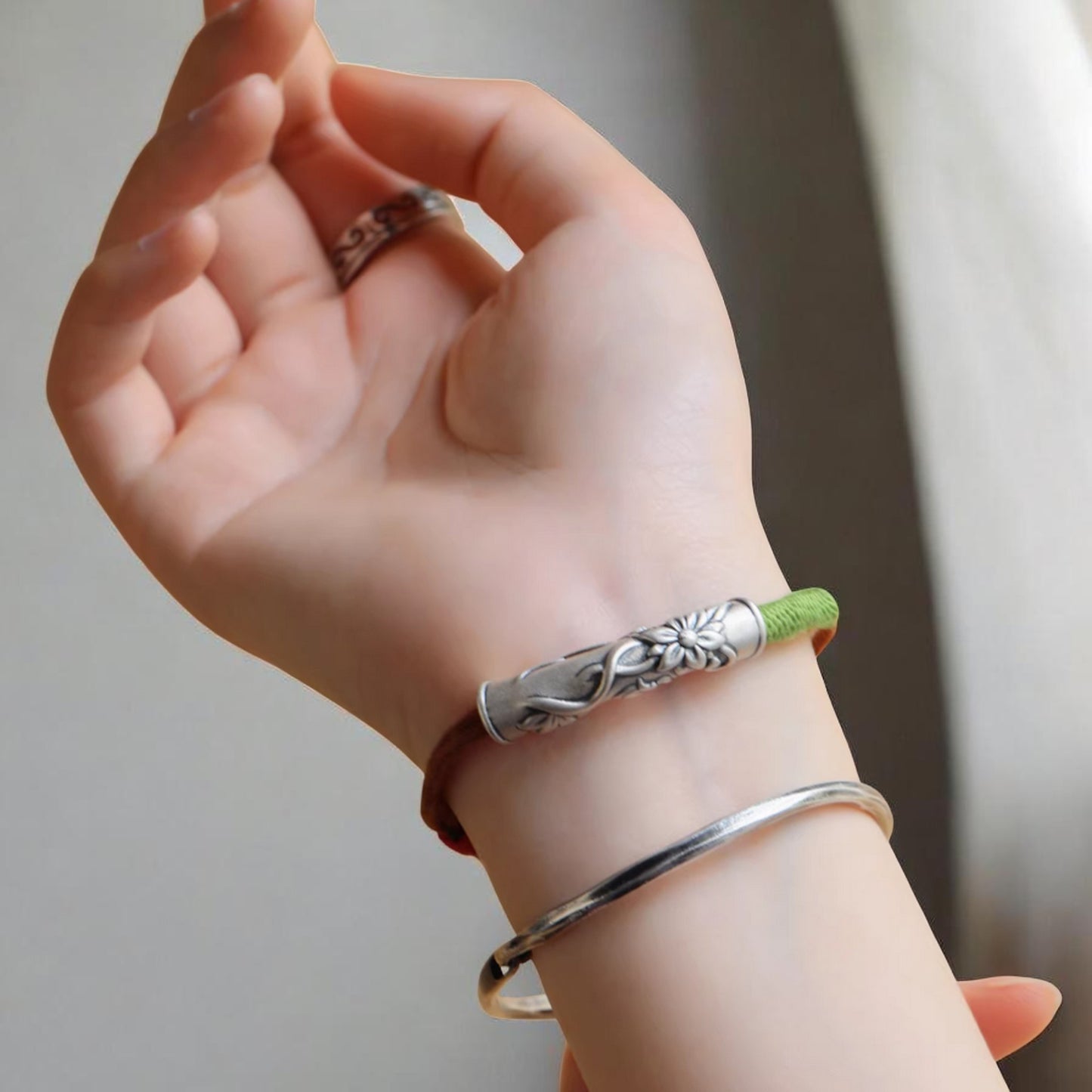 999 Silver Flower Charm Hand Woven Unisex Rope Bracelet