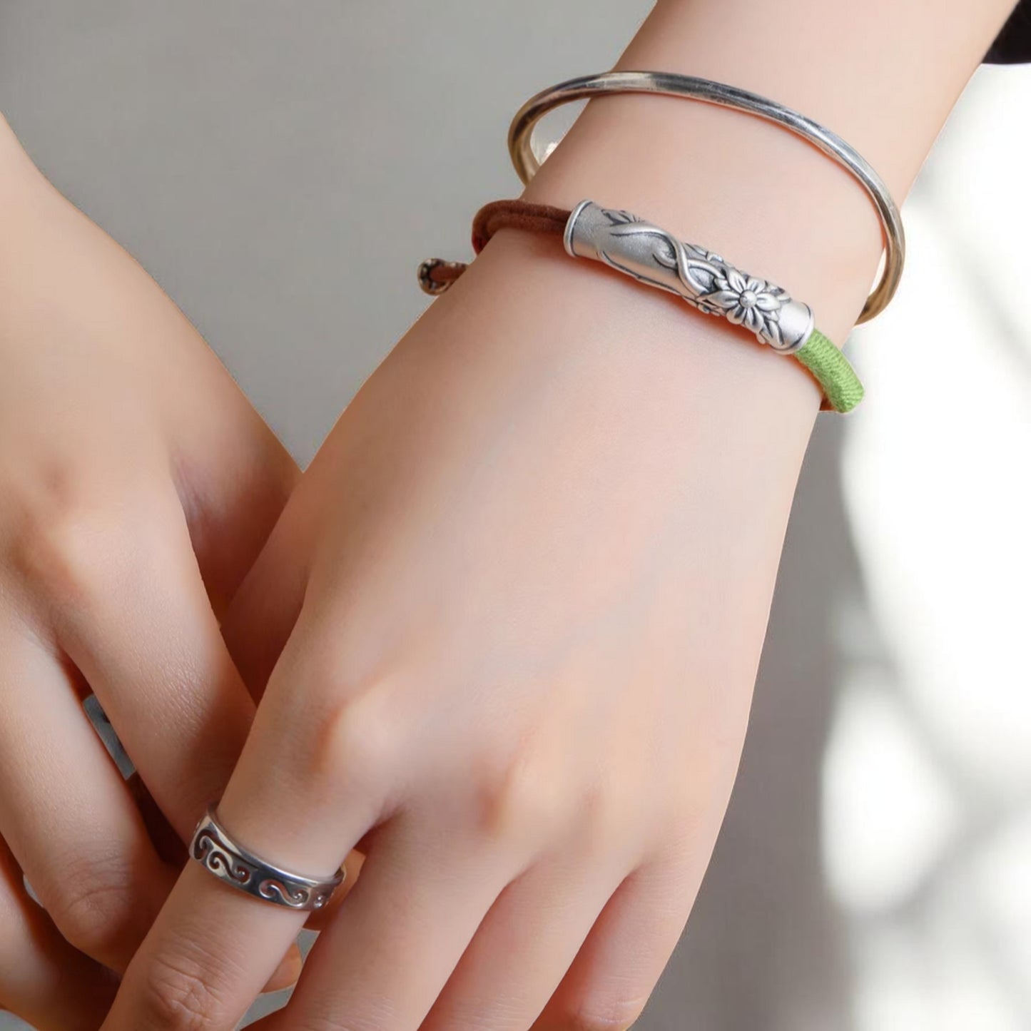 999 Silver Flower Charm Hand Woven Unisex Rope Bracelet