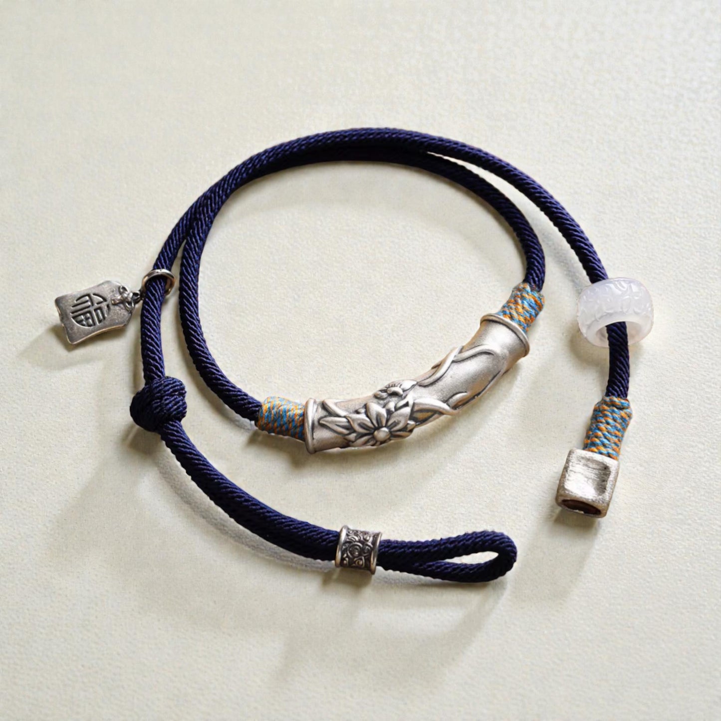 s999 Silver Flower Blessing Charm Hand Woven Unisex Rope Bracelet
