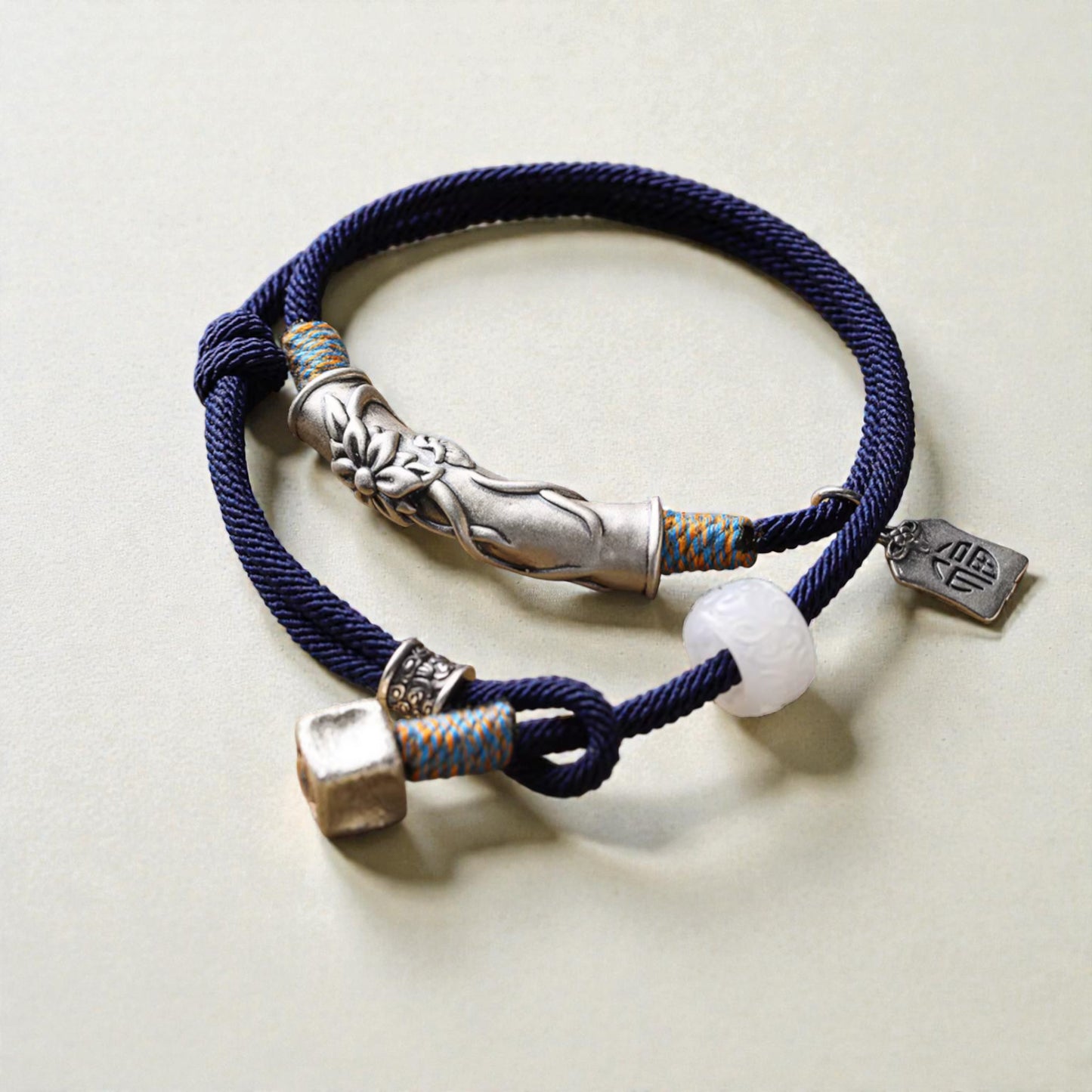 s999 Silver Flower Blessing Charm Hand Woven Unisex Rope Bracelet
