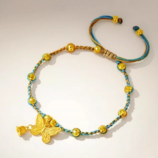 S925 Sterling Silver Butterfly Charm with Beads Rope Adjustable Bracelet