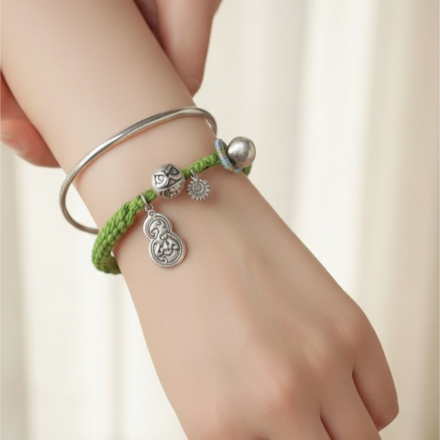 s925 Sterling Silver Tibetan Style Bodhi Gourd Charm Hand Woven Bracelet