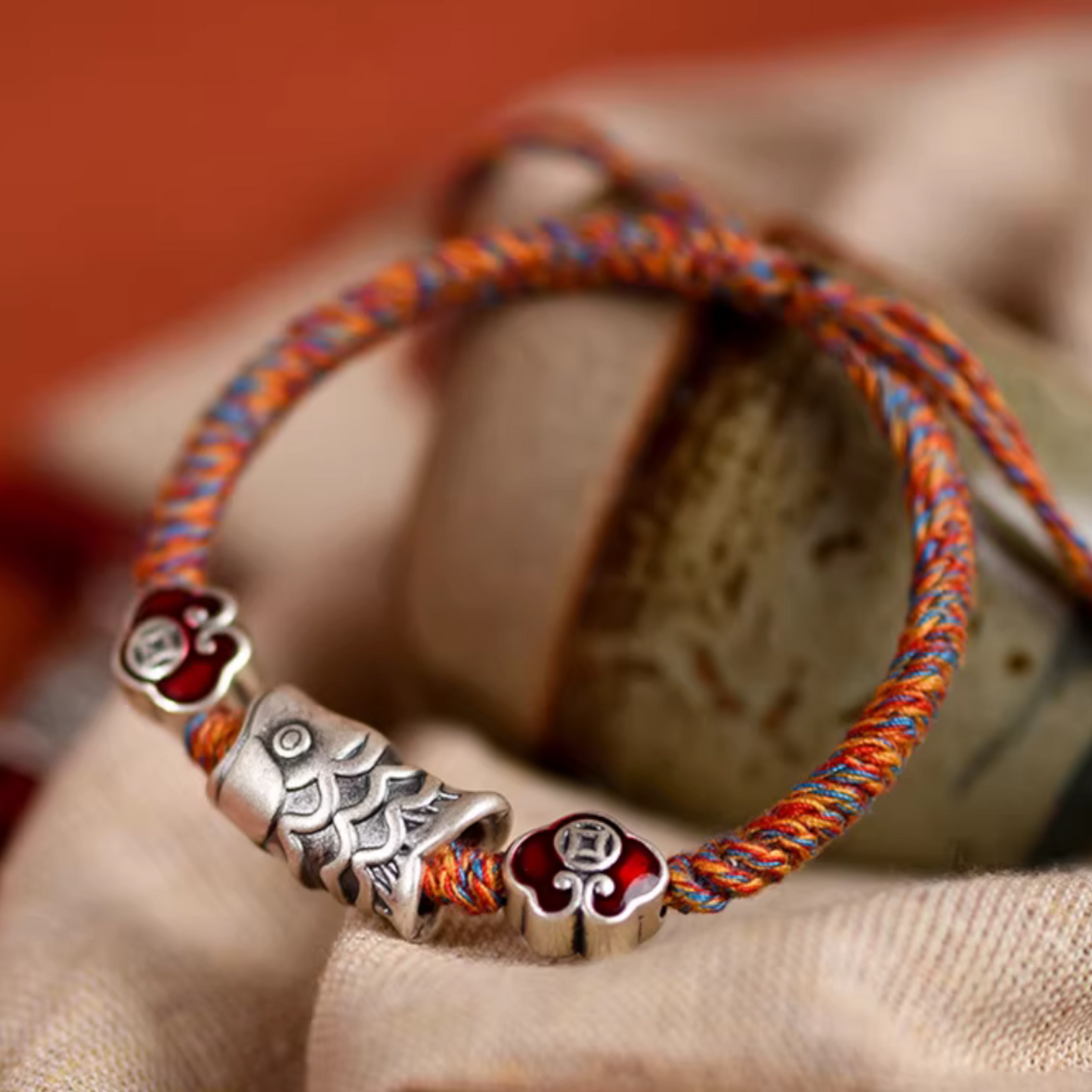 999 Real Silver Enamel Koi Fish Charm Hand Braided Woven Bracelet