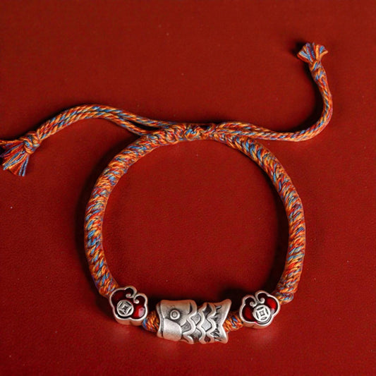 999 Real Silver Enamel Koi Fish Charm Hand Braided Woven Bracelet