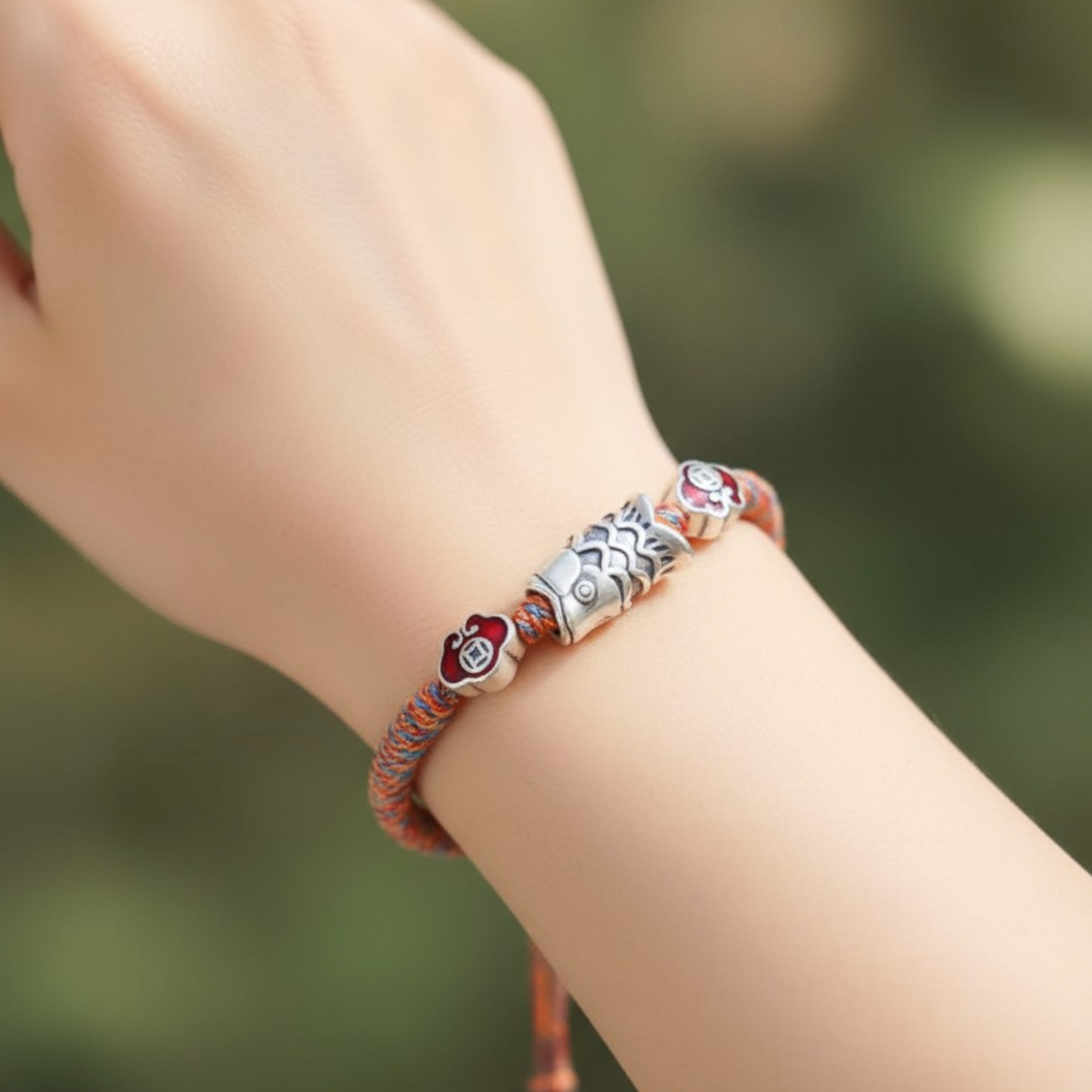 999 Real Silver Enamel Koi Fish Charm Hand Braided Woven Bracelet