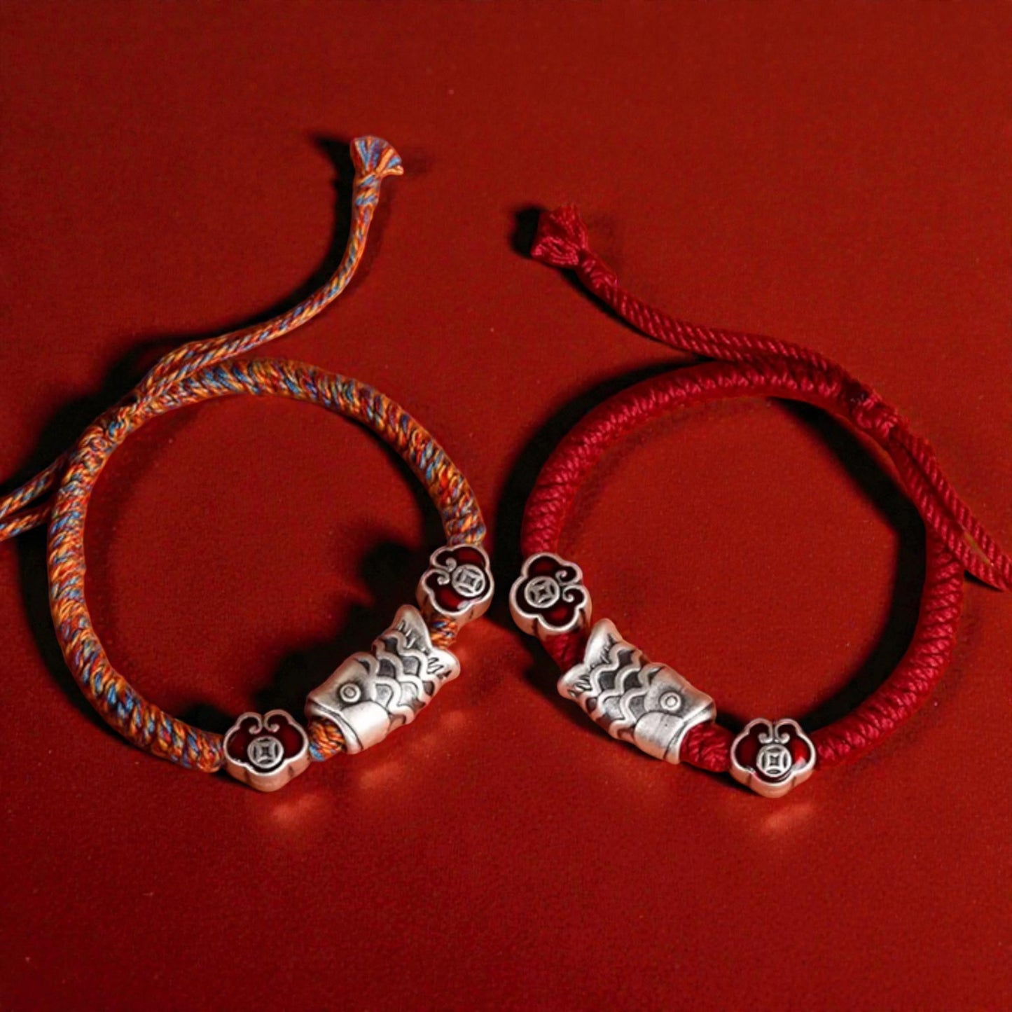 999 Real Silver Enamel Koi Fish Charm Hand Braided Woven Bracelet