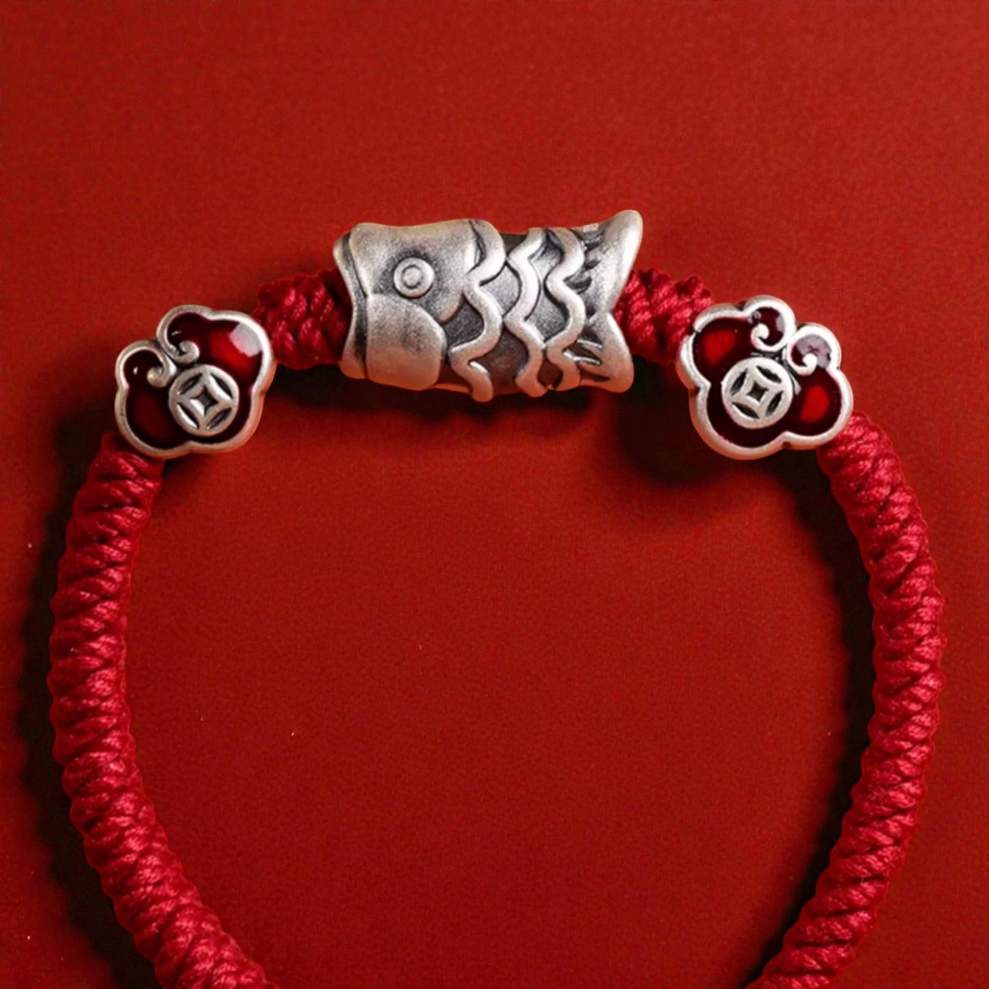 999 Real Silver Enamel Koi Fish Charm Hand Braided Woven Bracelet