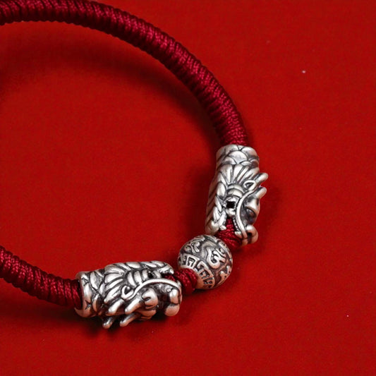 999 Real Silver Dragon Head The Six-Syllable Mantra Charm Hand Braided Bracelet