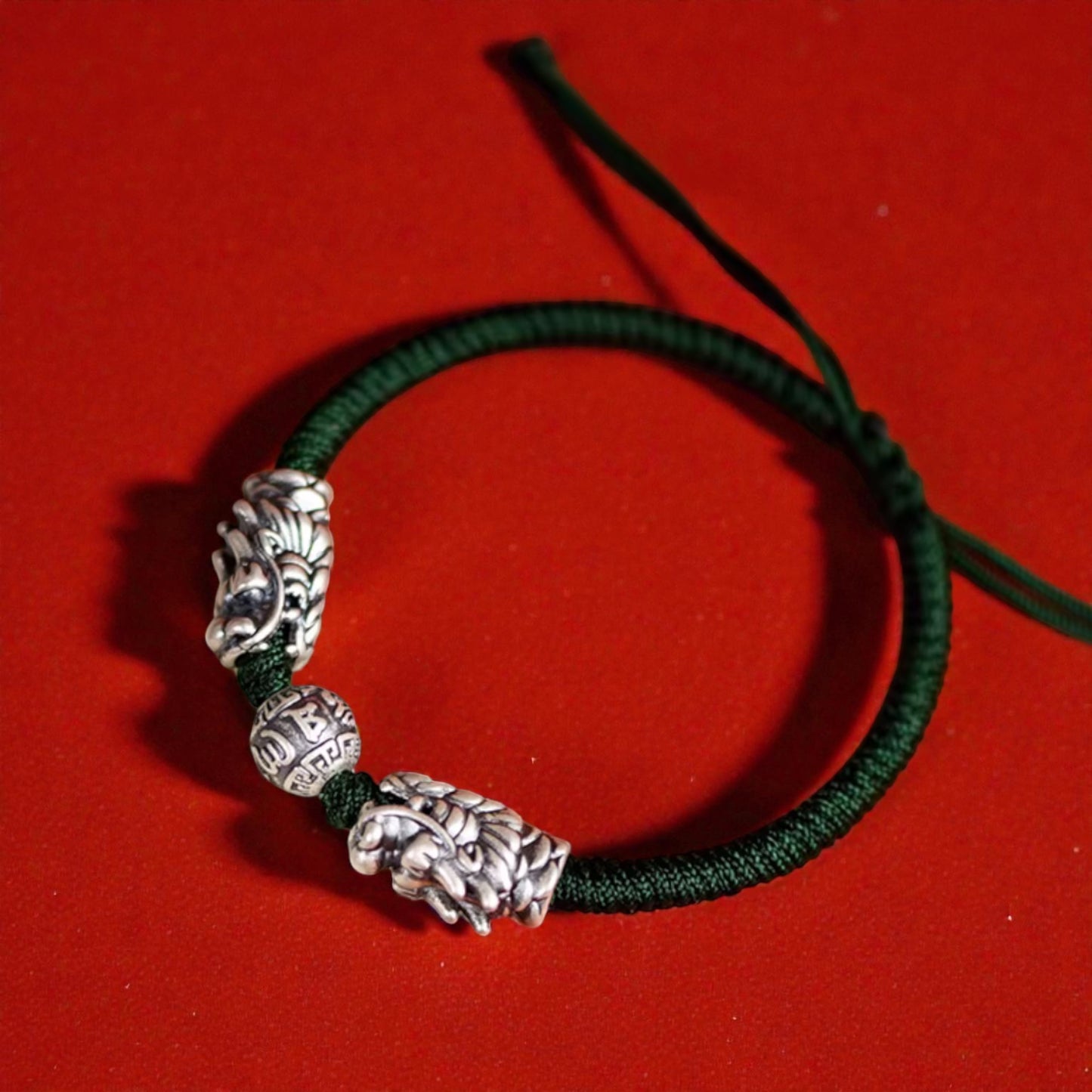 999 Real Silver Dragon Head The Six-Syllable Mantra Charm Hand Braided Bracelet