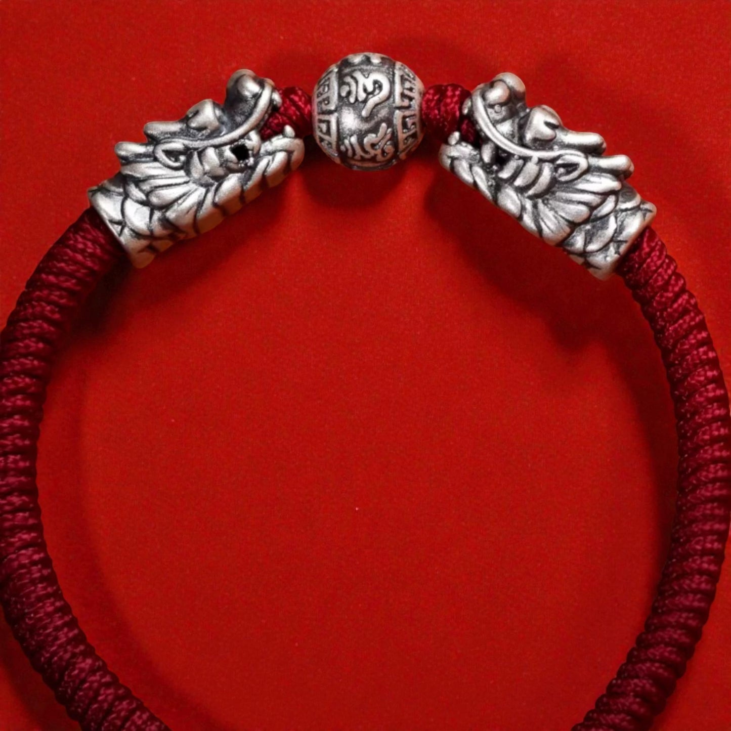 999 Real Silver Dragon Head The Six-Syllable Mantra Charm Hand Braided Bracelet