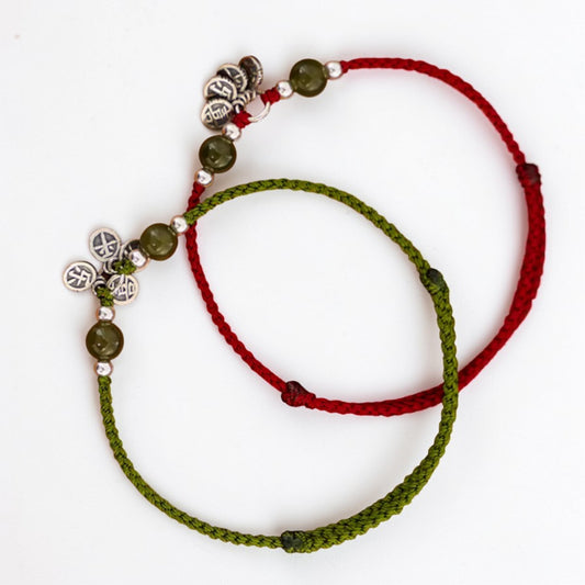 s925 Sterling Silver Chinese Peace and joy Charm Woven Braided Bracelet Anklet