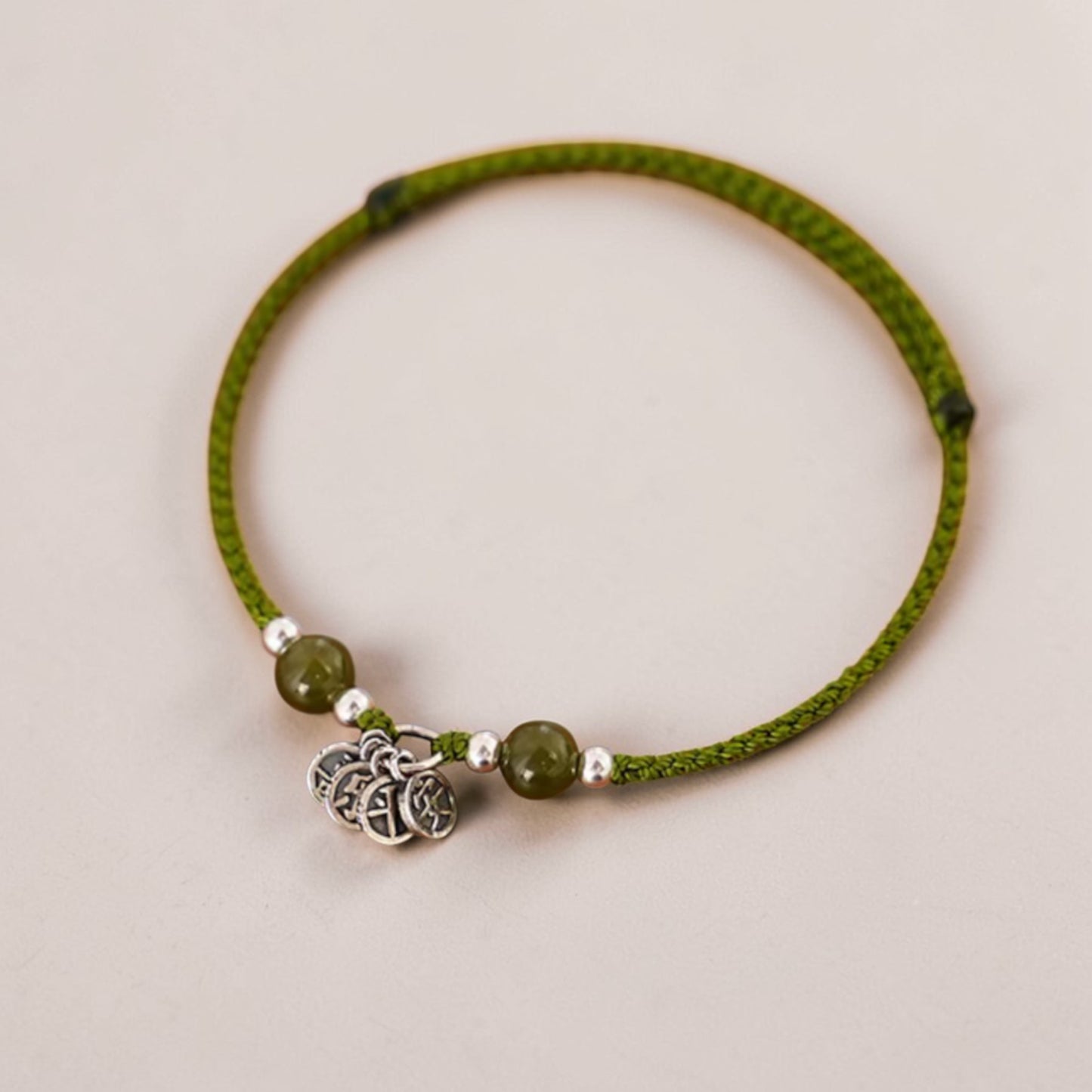 s925 Sterling Silver Chinese Peace and joy Charm Woven Braided Bracelet Anklet