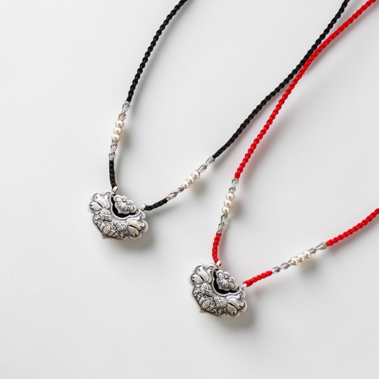 s999 Real Silver Koi Carp Ruyi Lock Charm Rope Necklace