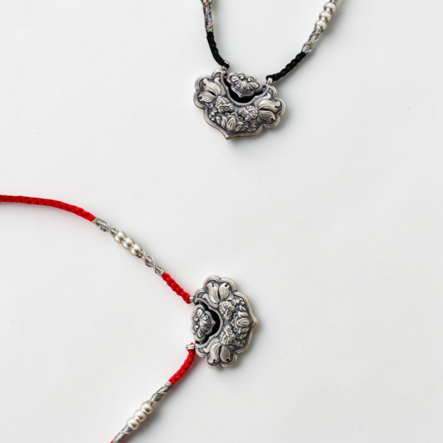 s999 Real Silver Koi Carp Ruyi Lock Charm Rope Necklace