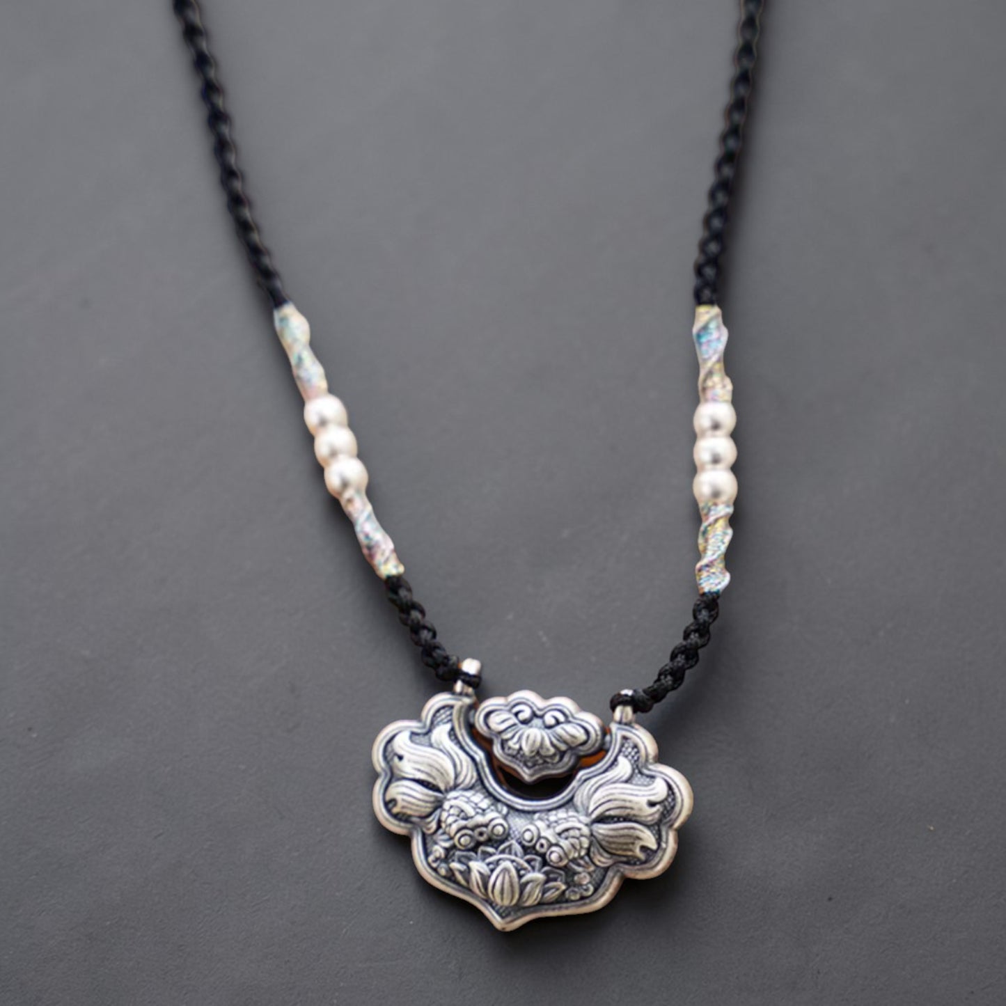 s999 Real Silver Koi Carp Ruyi Lock Charm Rope Necklace