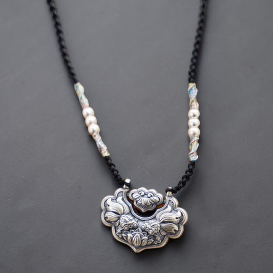 s999 Real Silver Koi Carp Ruyi Lock Charm Rope Necklace