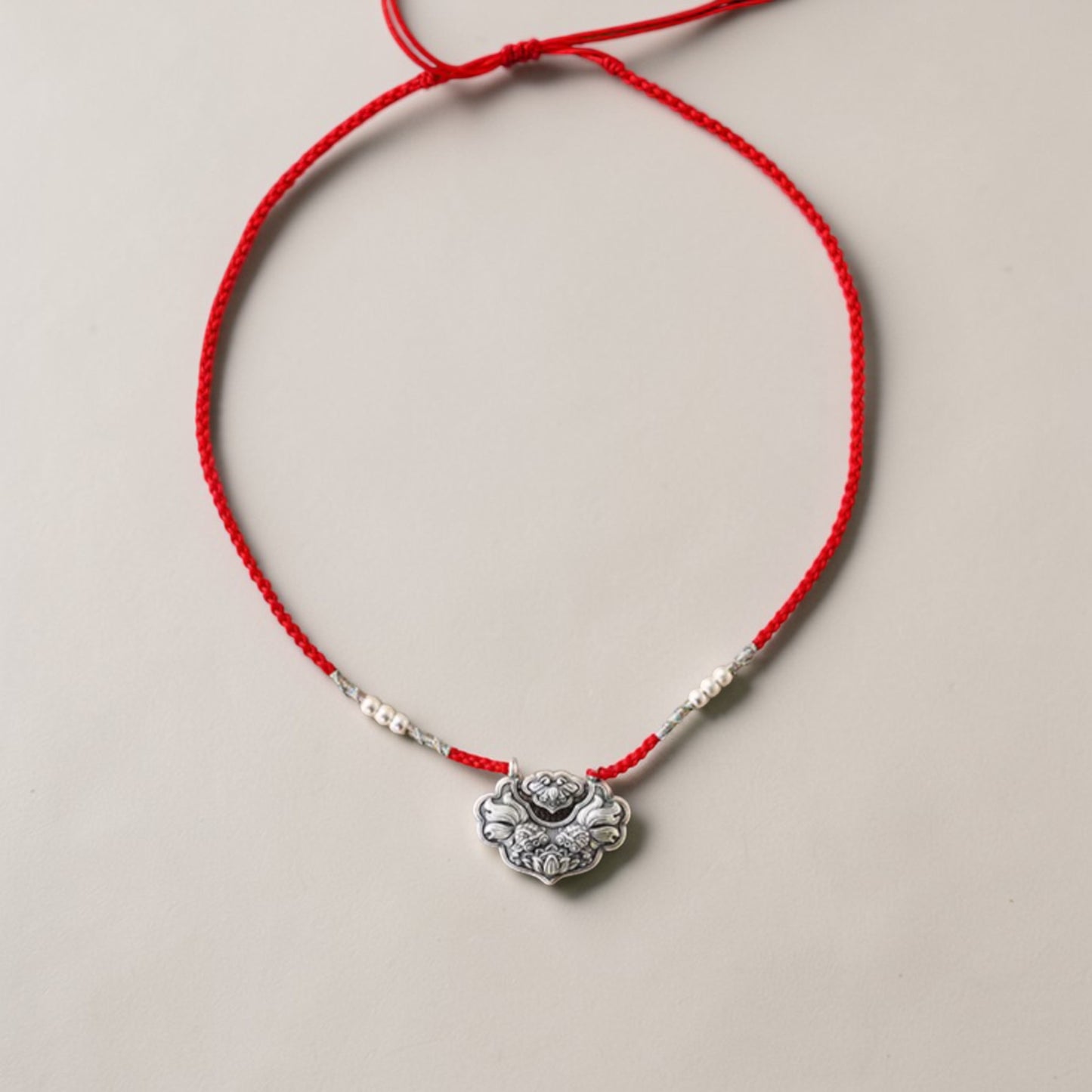 s999 Real Silver Koi Carp Ruyi Lock Charm Rope Necklace