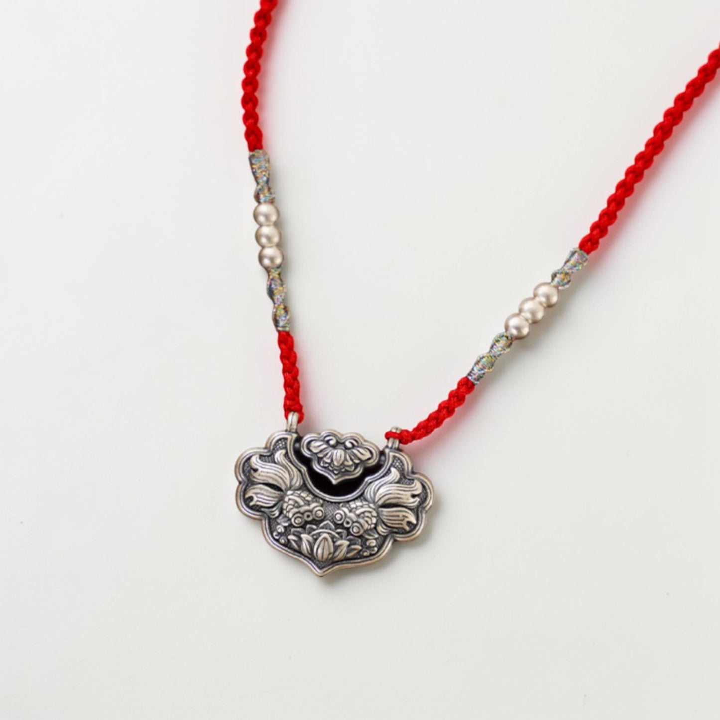 s999 Real Silver Koi Carp Ruyi Lock Charm Rope Necklace