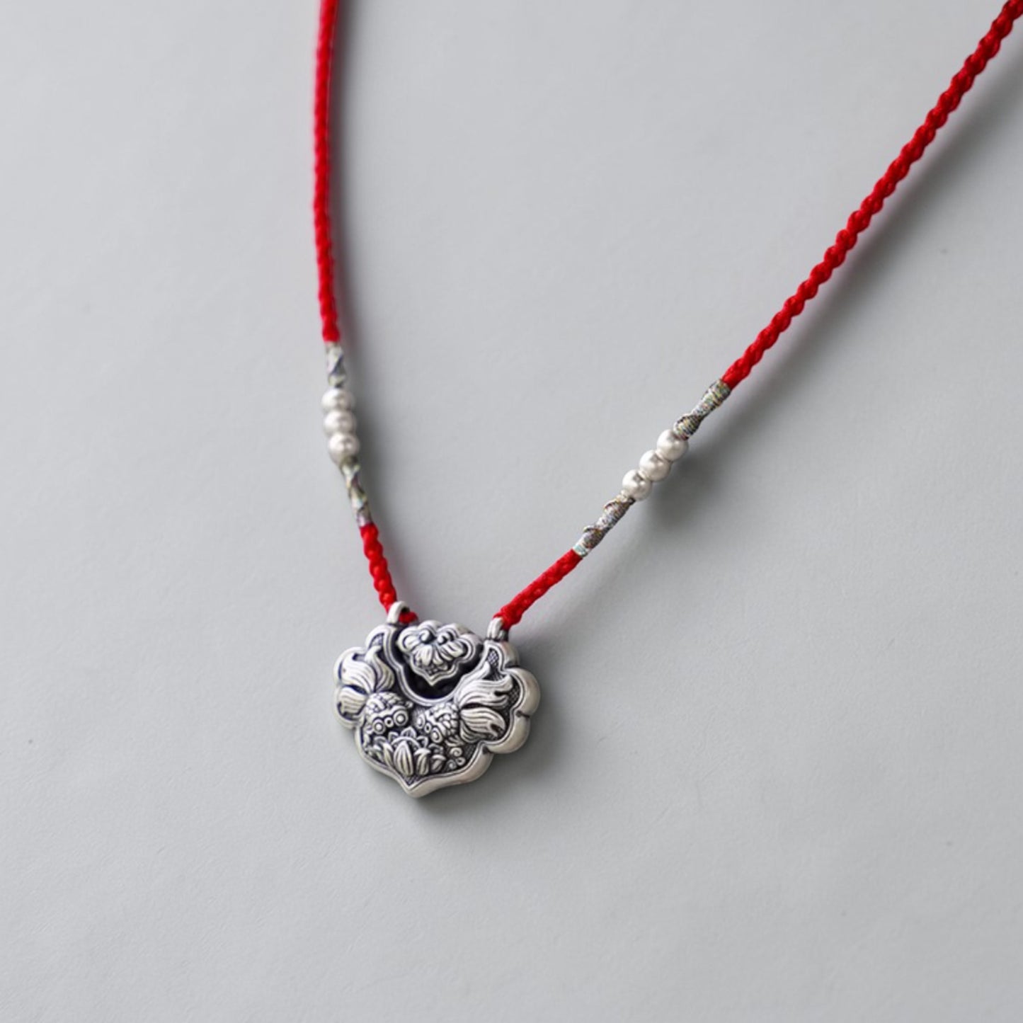 s999 Real Silver Koi Carp Ruyi Lock Charm Rope Necklace