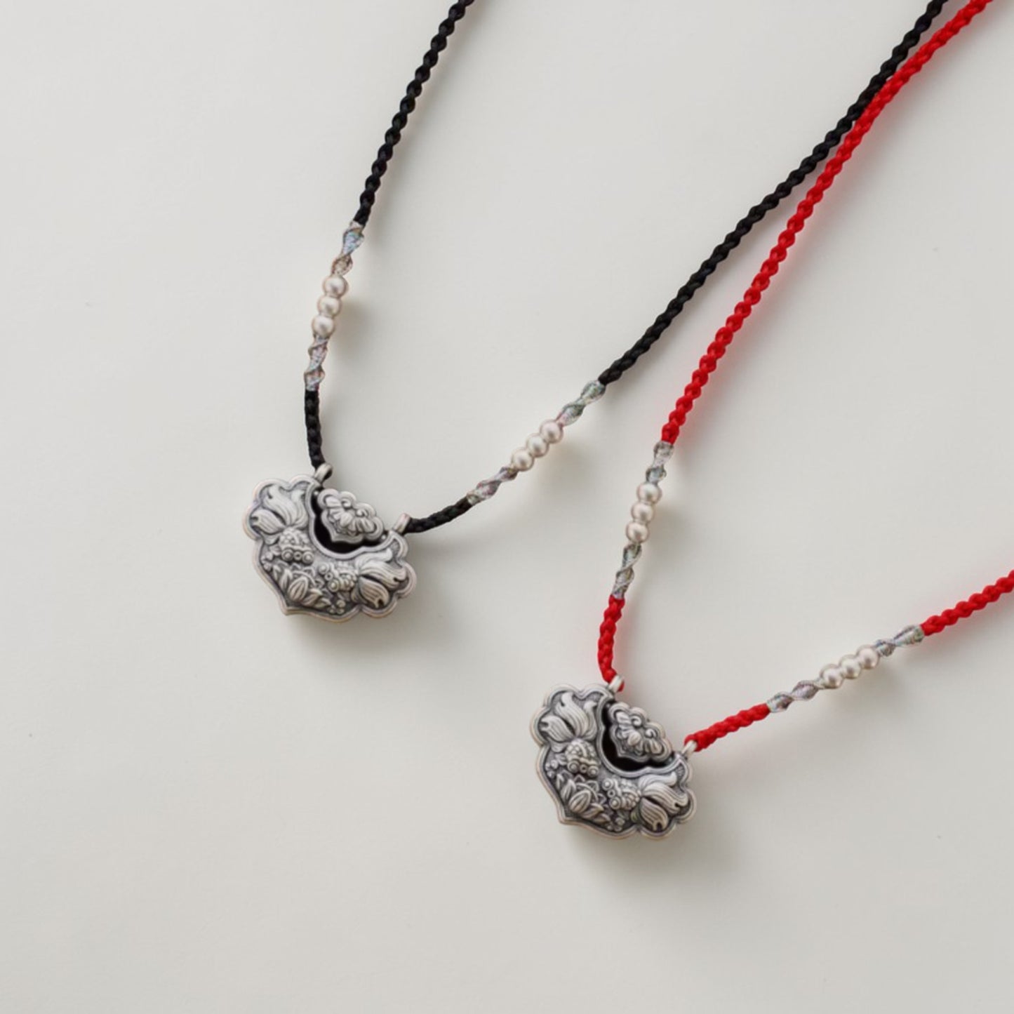 s999 Real Silver Koi Carp Ruyi Lock Charm Rope Necklace