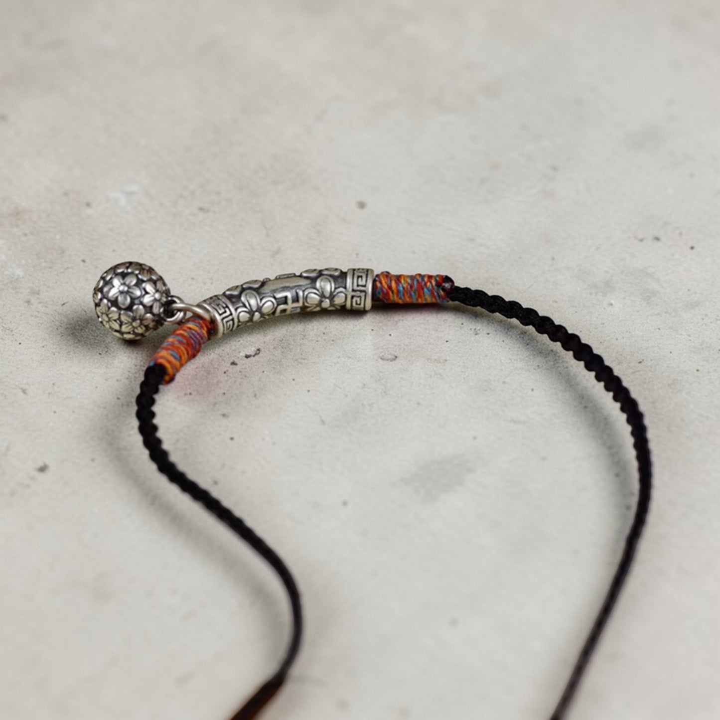 s999 Real Silver Flower Lock Charm Rope Adjustable Necklace