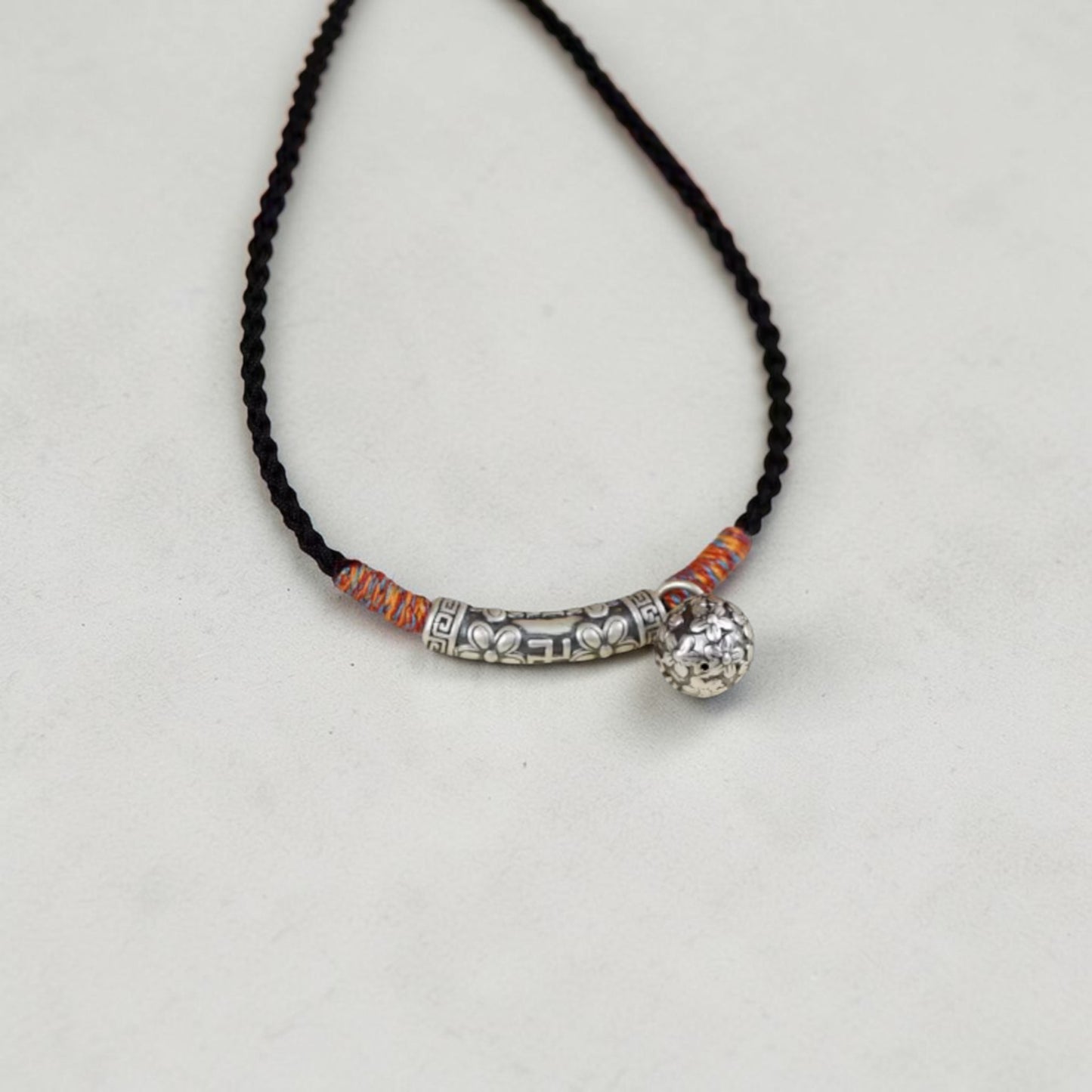 s999 Real Silver Flower Lock Charm Rope Adjustable Necklace