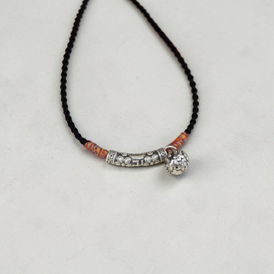 s999 Real Silver Flower Lock Charm Rope Adjustable Necklace