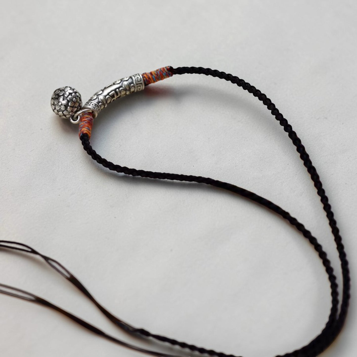 s999 Real Silver Flower Lock Charm Rope Adjustable Necklace