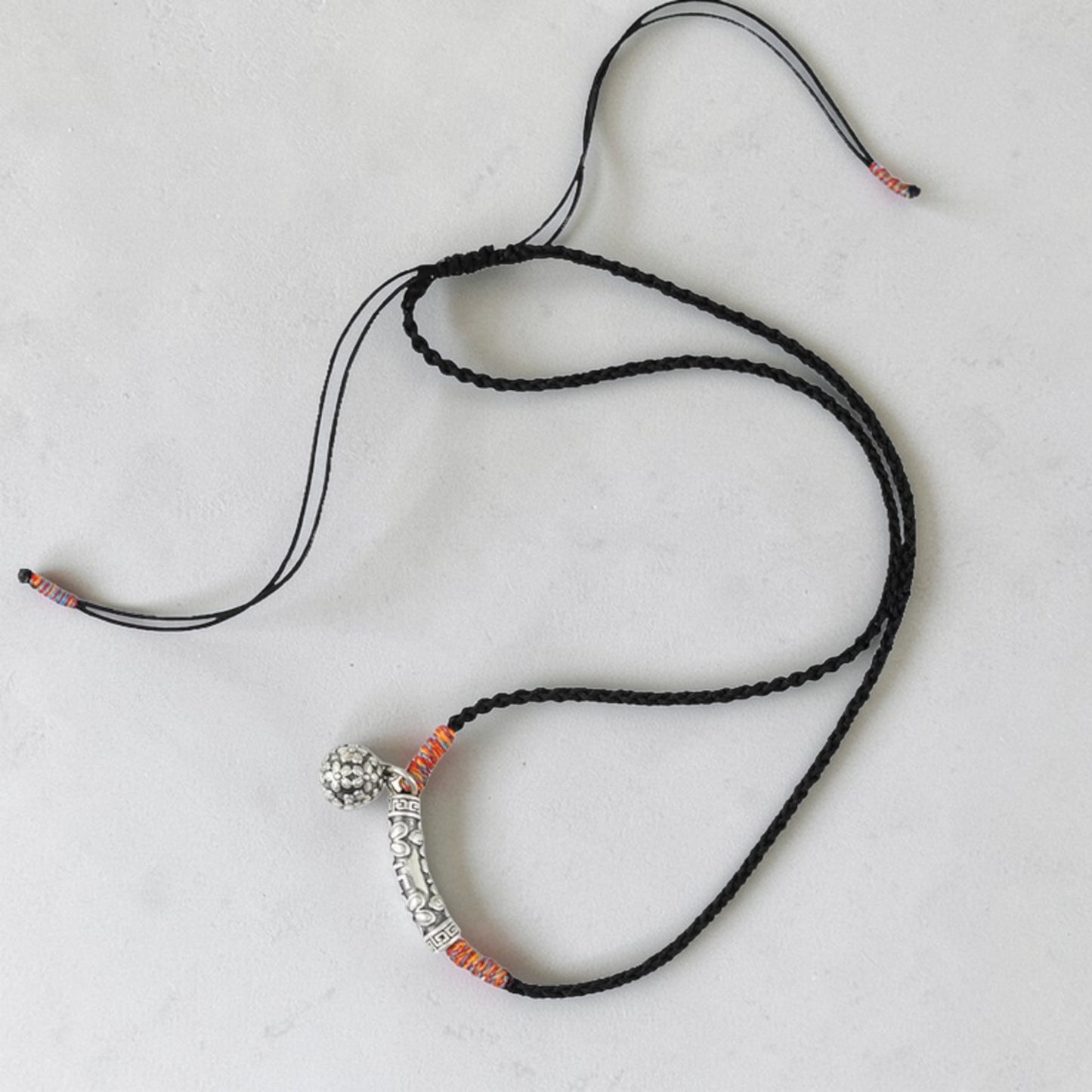 s999 Real Silver Flower Lock Charm Rope Adjustable Necklace