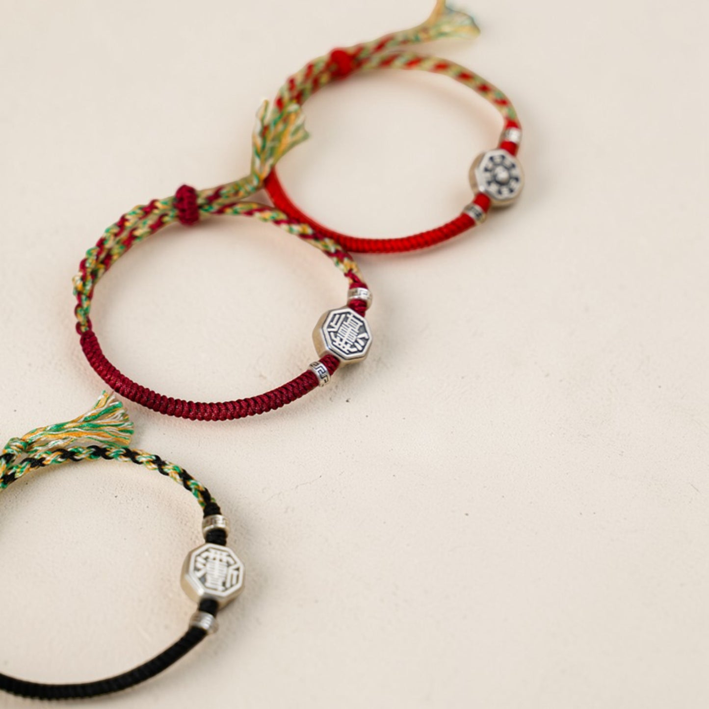 999 Real Silver Tai Chi Bagua Plate Charm Hand Braided Woven Bracelet