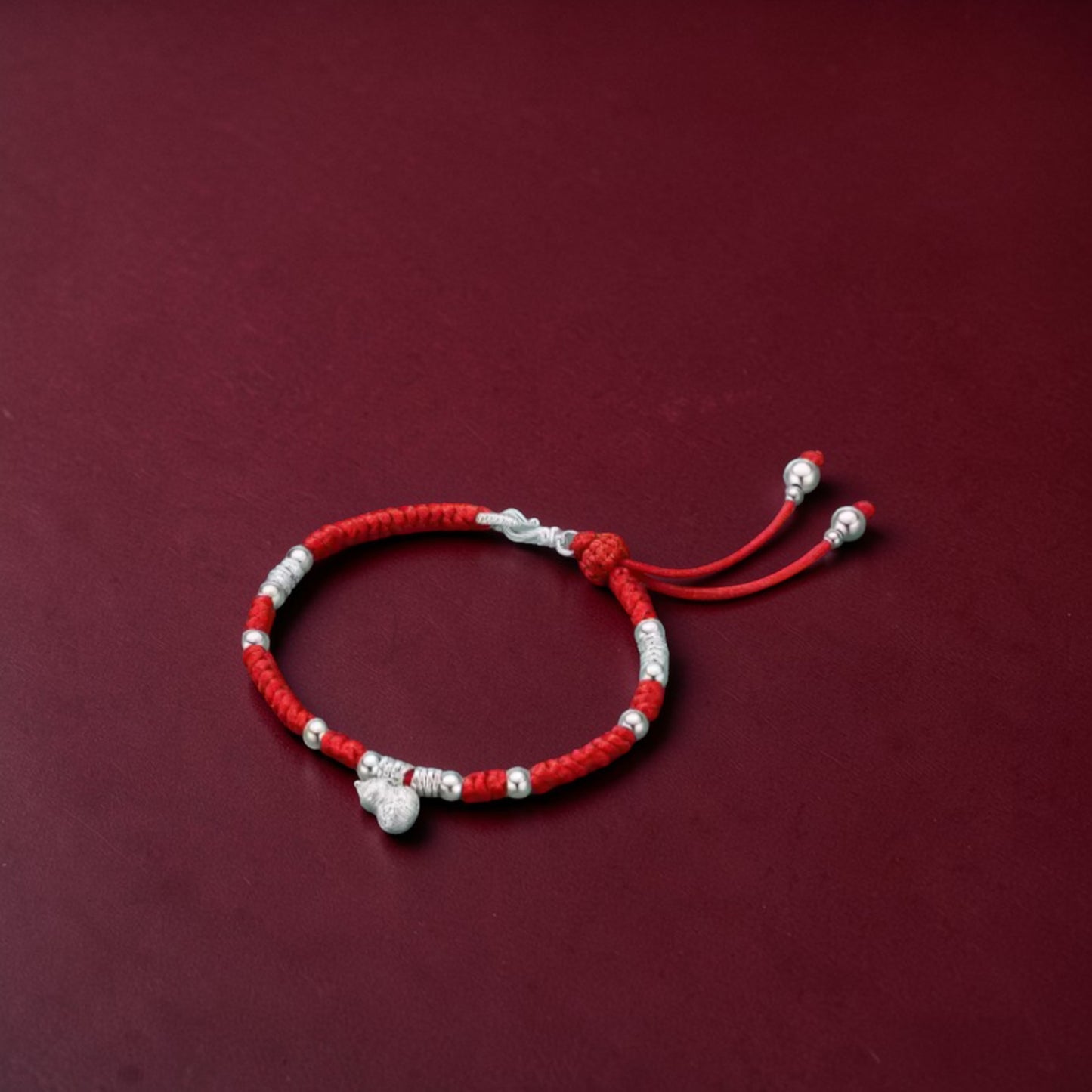 999 Pure Silver Red Rope Auspicious Gourd and Bell of Good Fortune Adjustable Bracelet