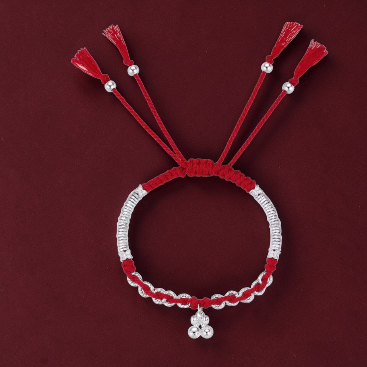999 Pure Silver Red Rope Auspicious Gourd and Bell of Good Fortune Adjustable Bracelet