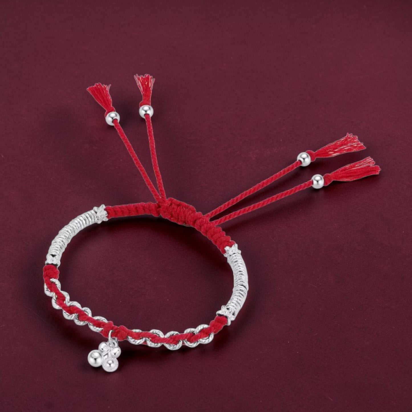 999 Pure Silver Red Rope Auspicious Gourd and Bell of Good Fortune Adjustable Bracelet
