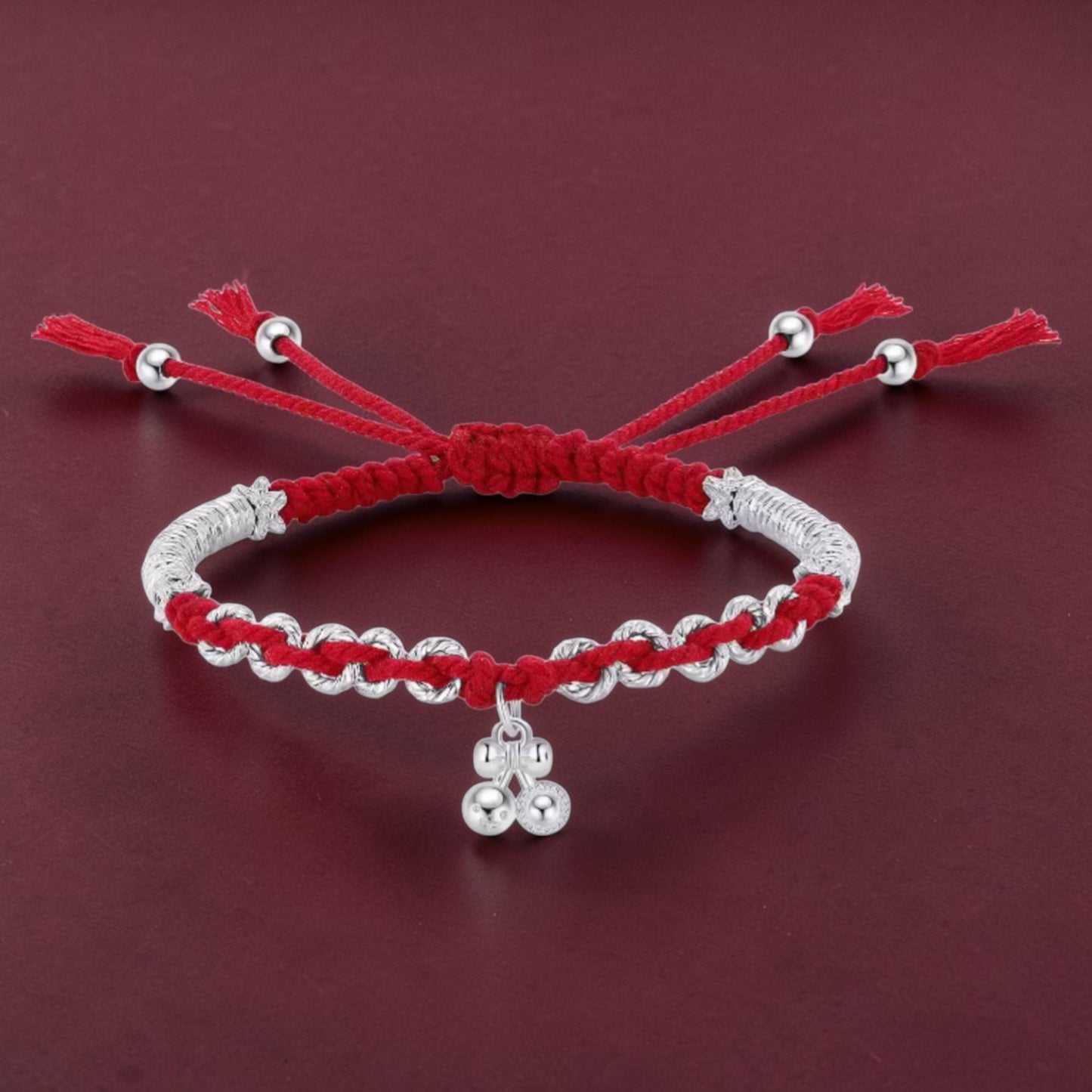 999 Pure Silver Red Rope Auspicious Gourd and Bell of Good Fortune Adjustable Bracelet