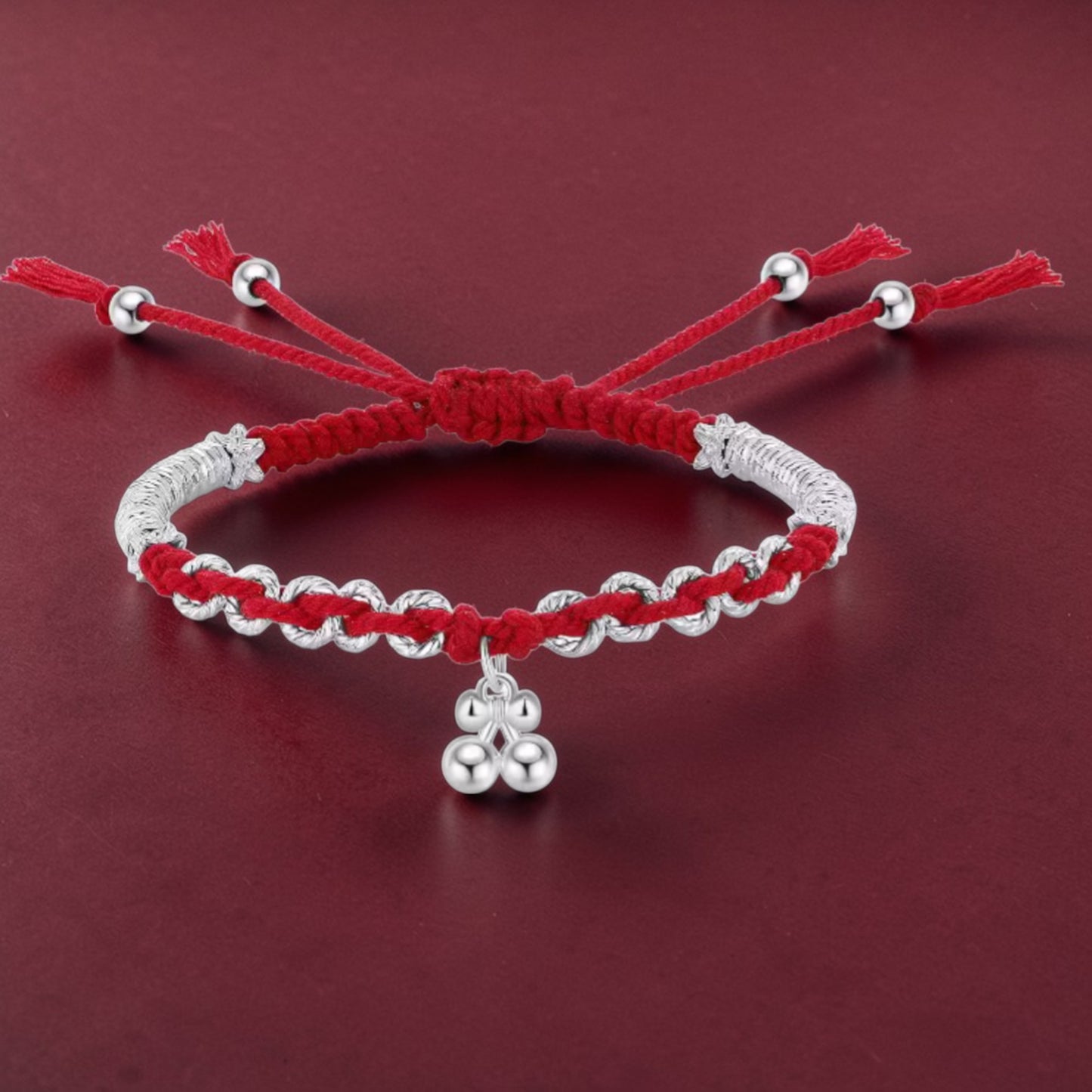 999 Pure Silver Red Rope Auspicious Gourd and Bell of Good Fortune Adjustable Bracelet