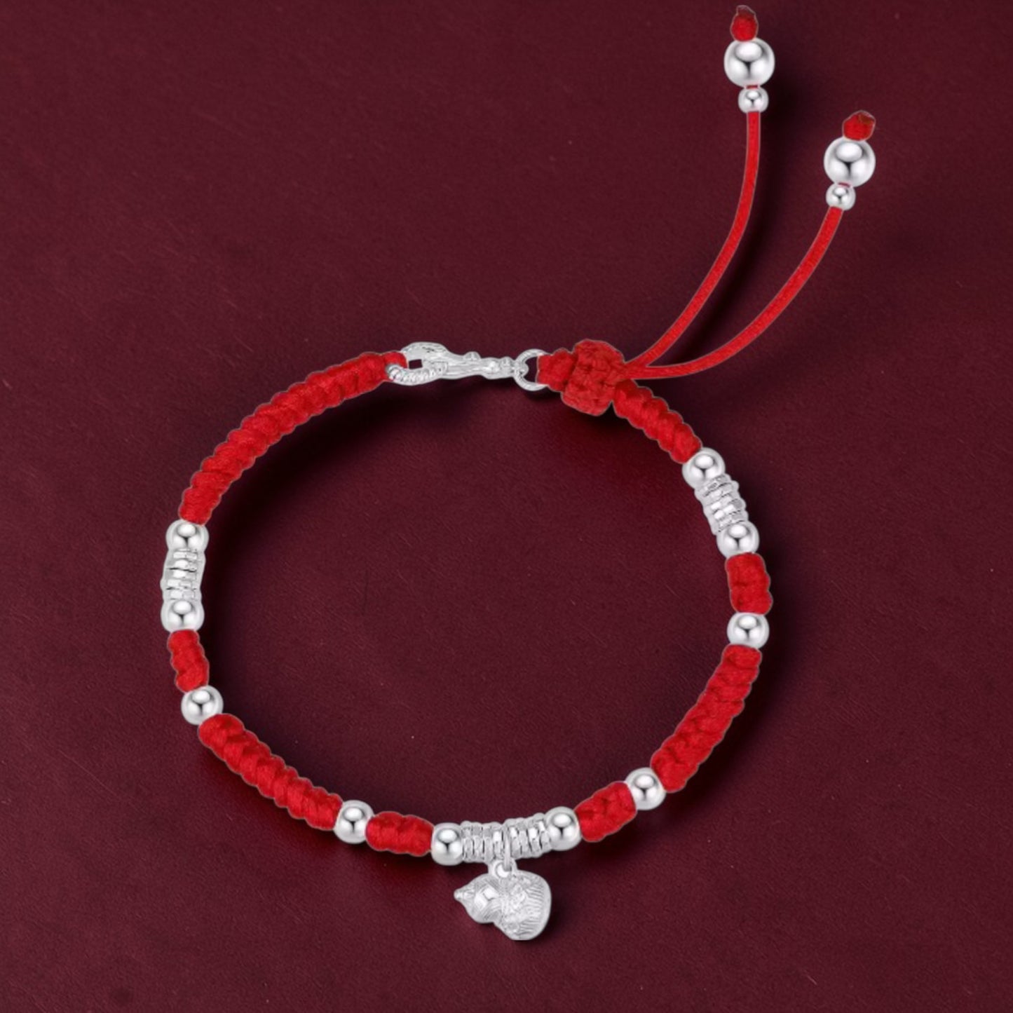 999 Pure Silver Red Rope Auspicious Gourd and Bell of Good Fortune Adjustable Bracelet