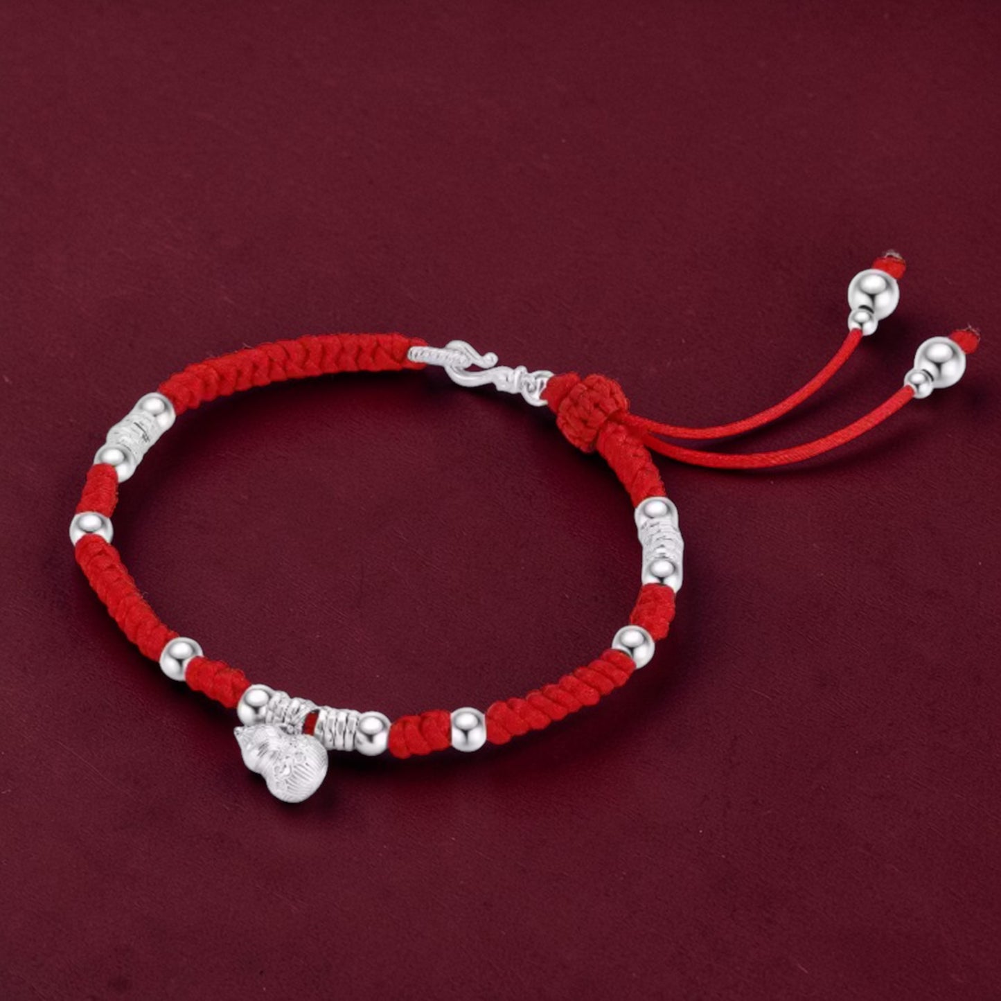 999 Pure Silver Red Rope Auspicious Gourd and Bell of Good Fortune Adjustable Bracelet