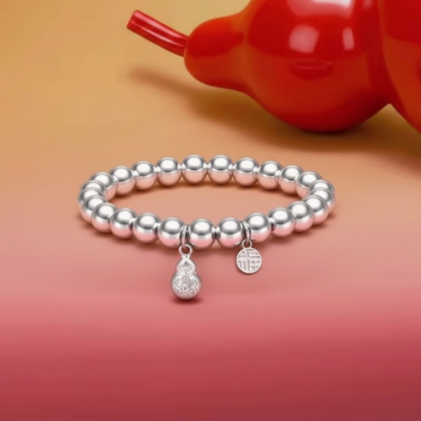 999 Pure Silver Gourd Charm Beads Bracelet