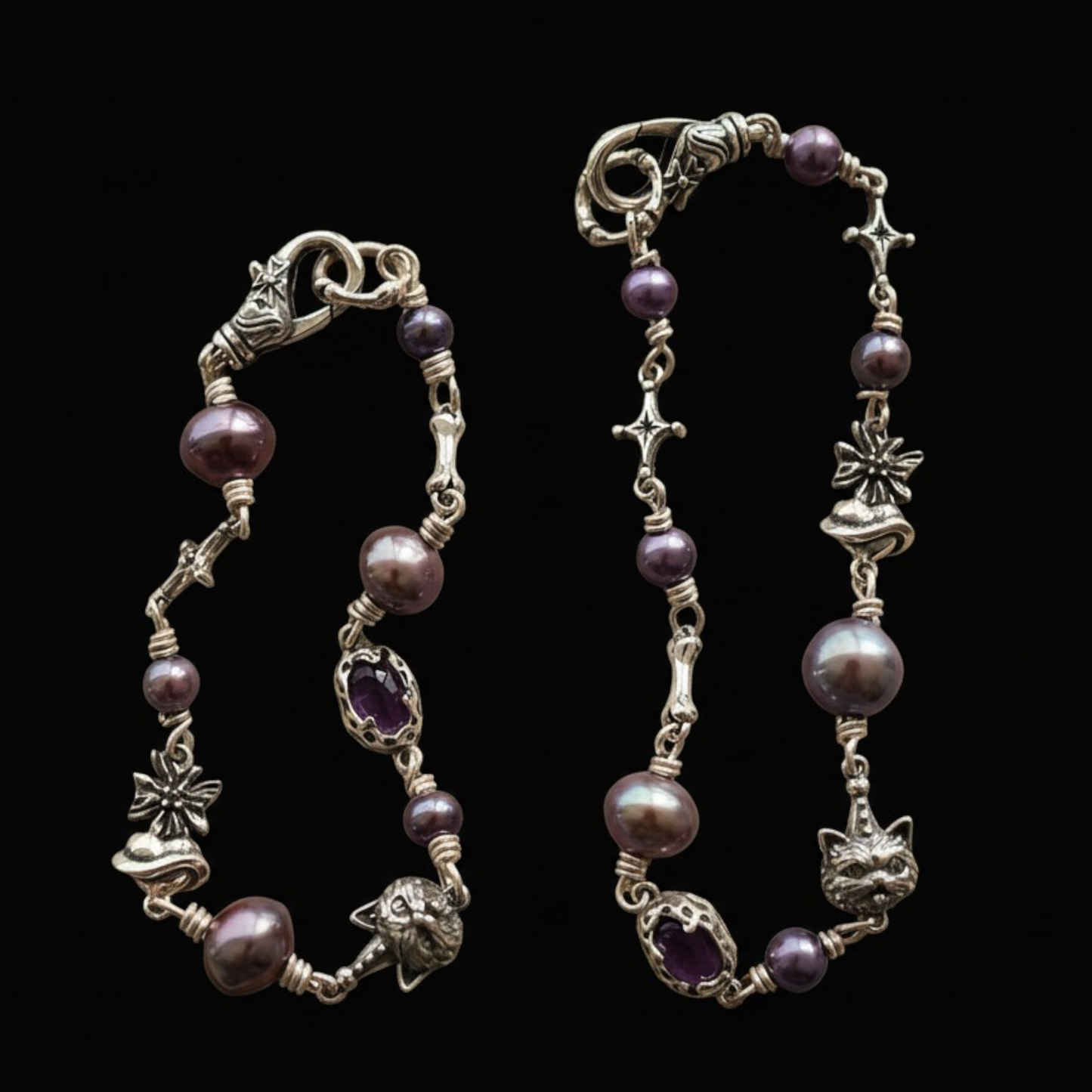 S925 Sterling Silver Cat Starlight Bone Lava Element Vintage Gemstone Pearl Bracelet