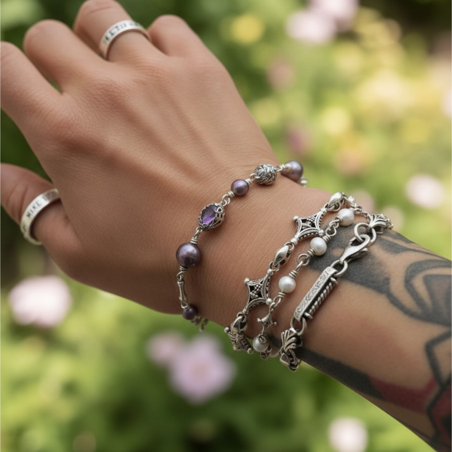 S925 Sterling Silver Cat Starlight Bone Lava Element Vintage Gemstone Pearl Bracelet